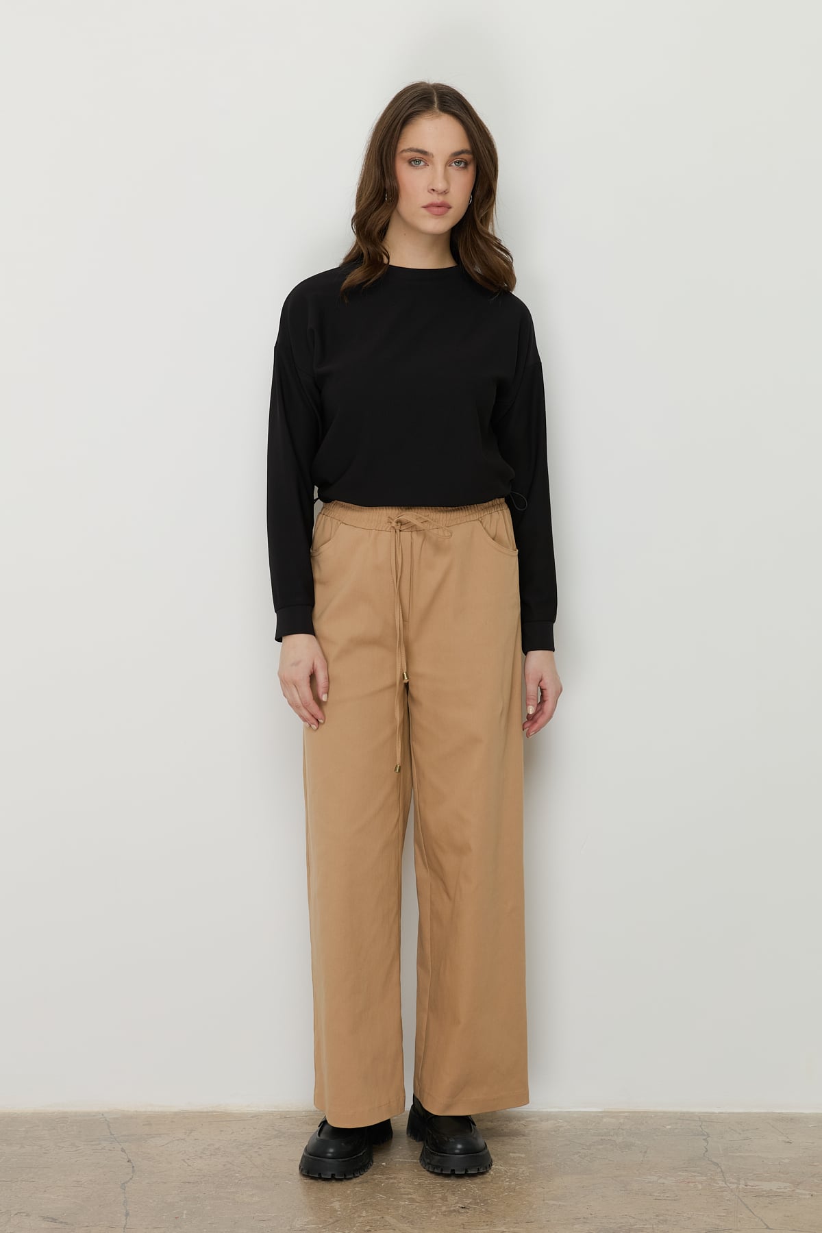 NİHAN Pantolon Nihan Beli Lastikli Bol Paça Kanvas Pantolon  Camel_modest