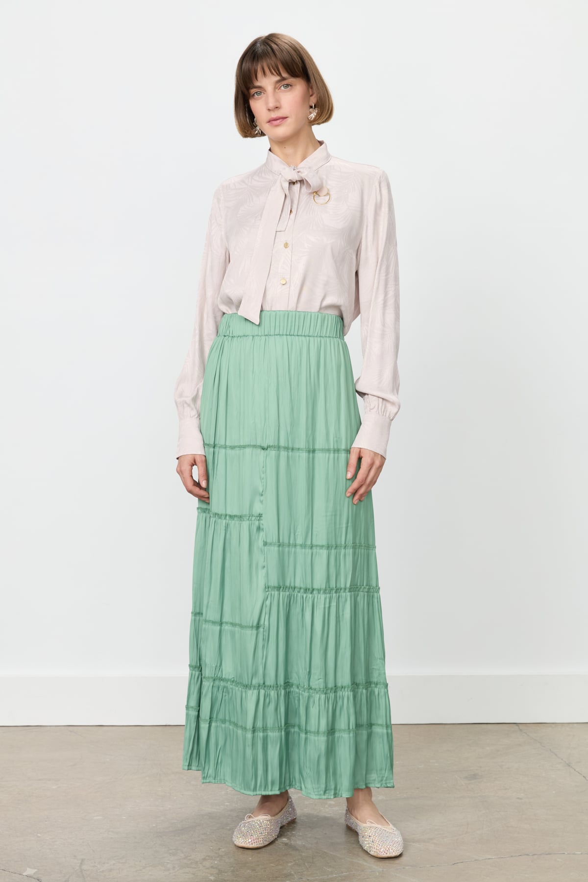 NİHAN Etek Nihan Beli Lastikli Çingene Crash Etek  Elma Yeşili_modest