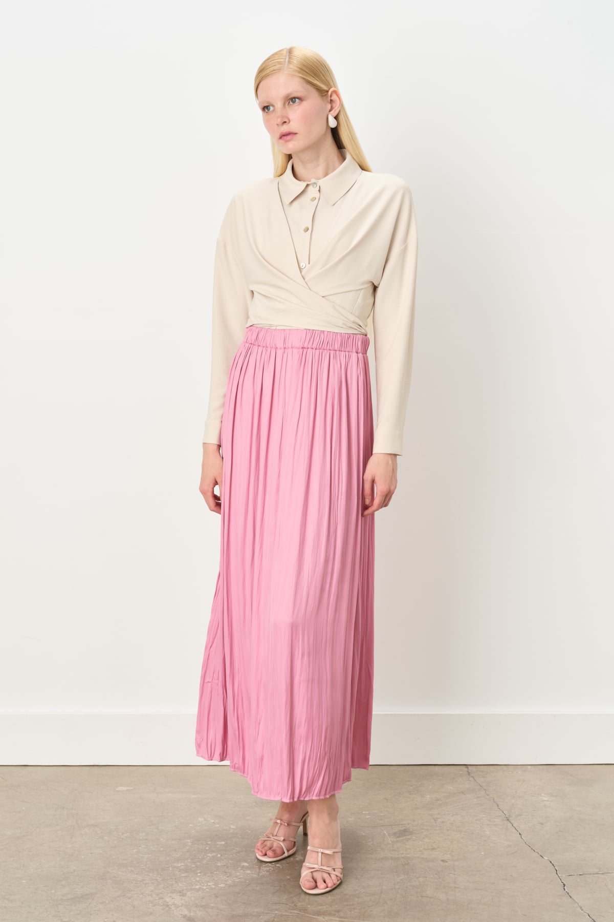 NİHAN Etek Nihan Beli Lastikli Crash Etek  Pembe_modest