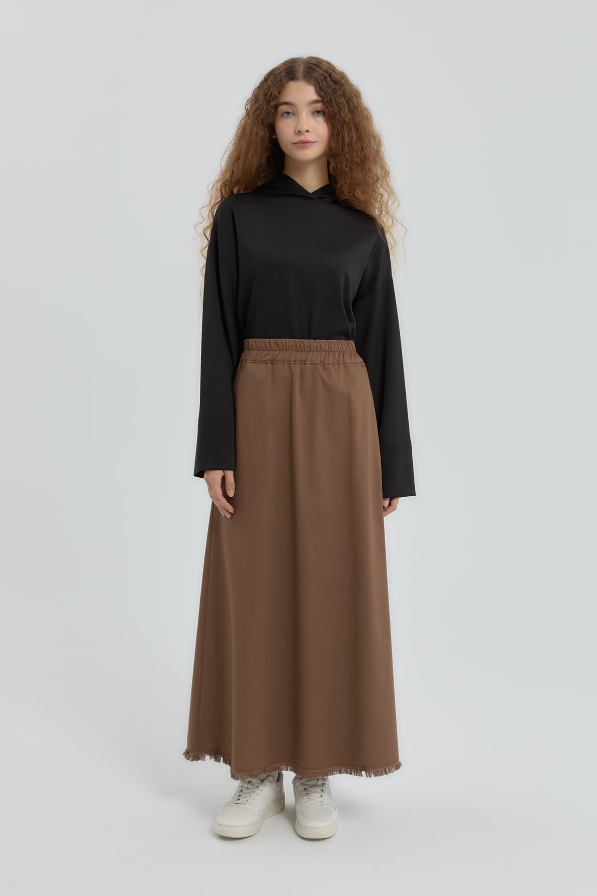 NİHAN Etek Nihan Beli Lastikli Kloş Etek  Açık Kahve_modest