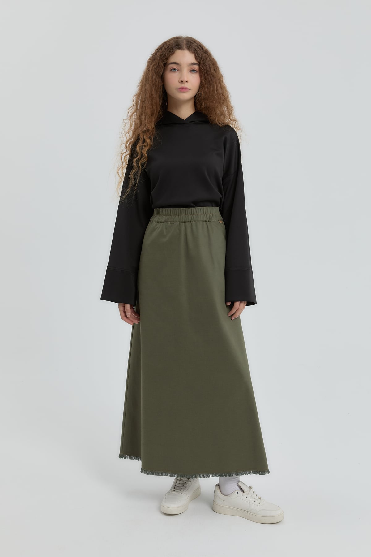 NİHAN Etek Nihan Beli Lastikli Kloş Etek  Haki_modest
