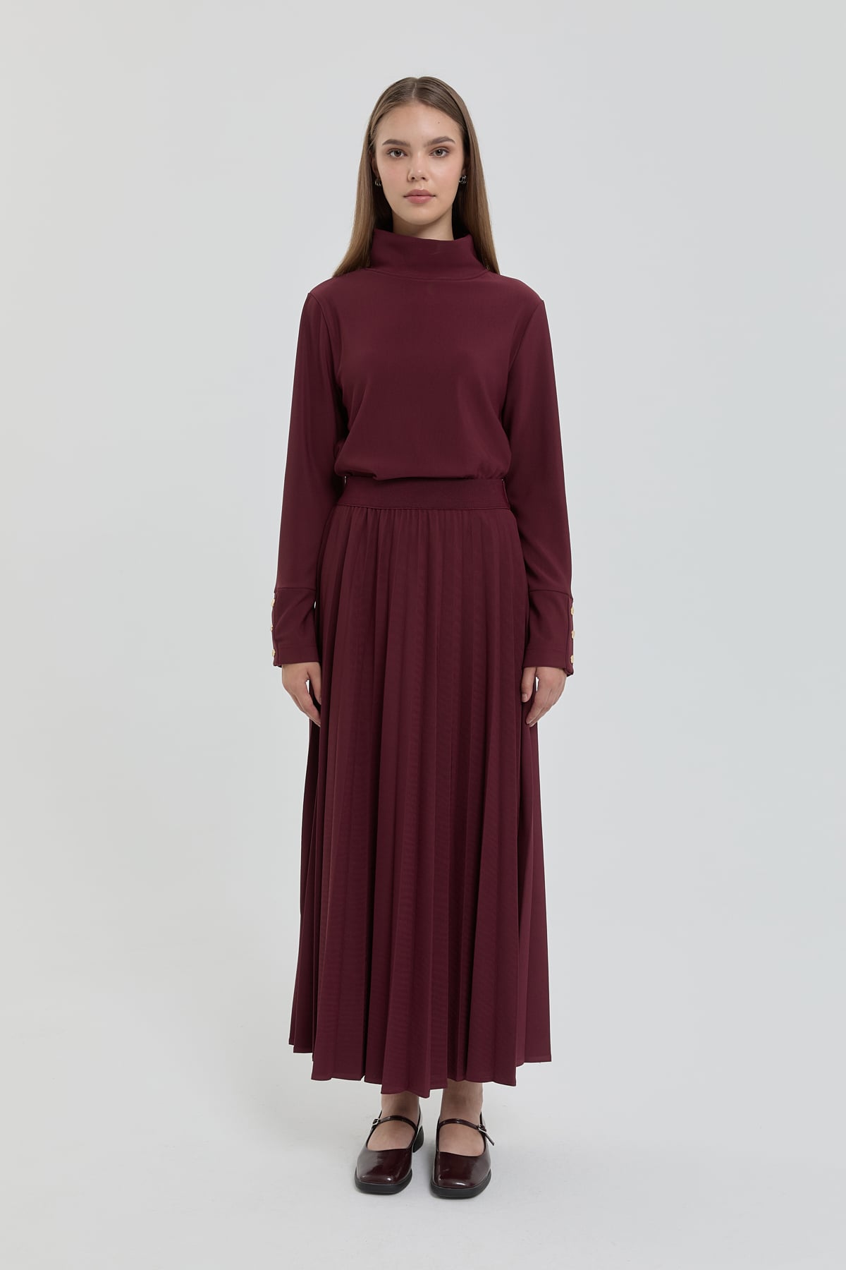 NİHAN Etek Nihan Beli Lastikli Örme Pilise Etek  Bordo_modest