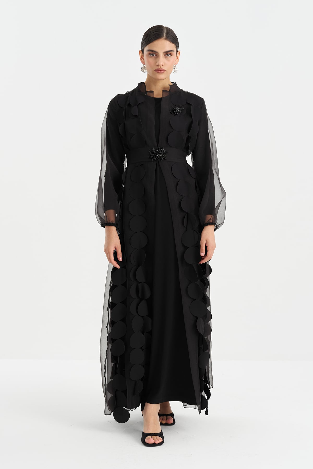 NİHAN Abaya Nihan Broş Detaylı Elbiseli Abaya Takım  Siyah_modest