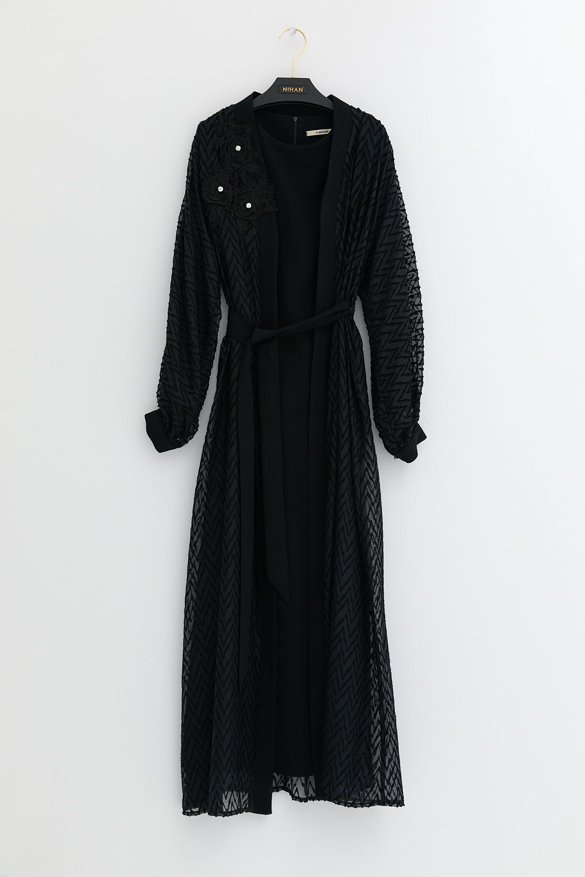 NİHAN Abaya Nihan Büyük Beden Elbiseli Abaya Takım  Siyah_modest