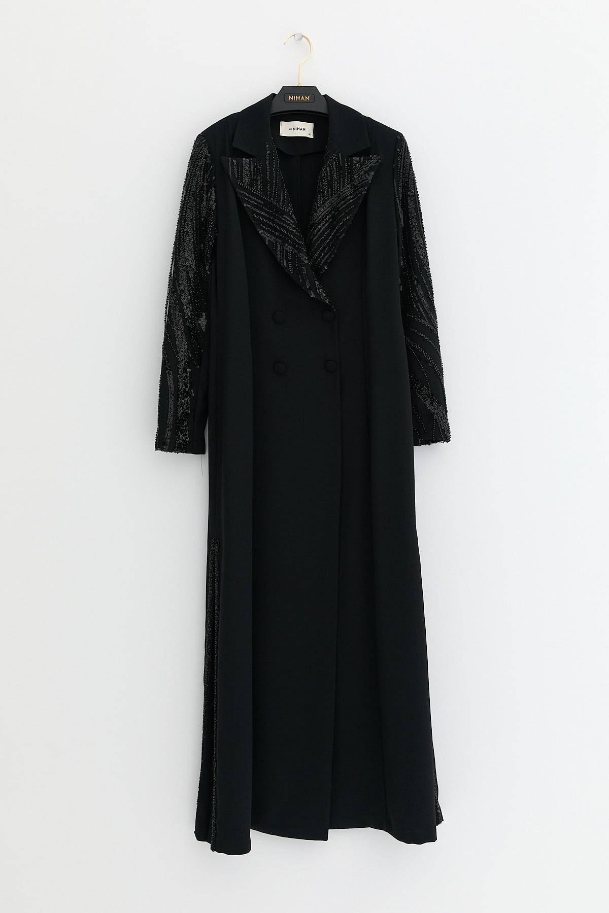 NİHAN Kaftan Takım Nihan Büyük Beden Payetli Uzun Ceket  Siyah_modest