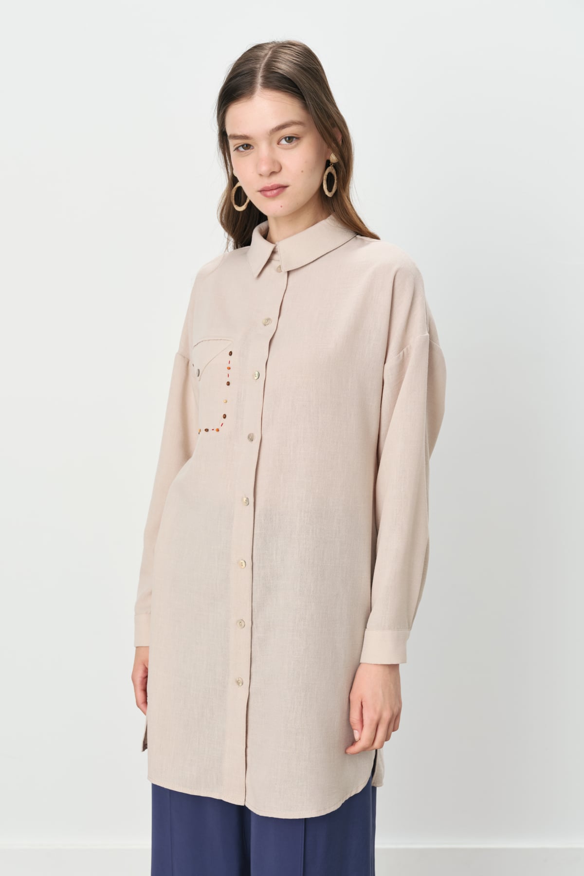 NİHAN Tunik Nihan Cep Detaylı Gömlek Yaka Tunik  Taş_modest