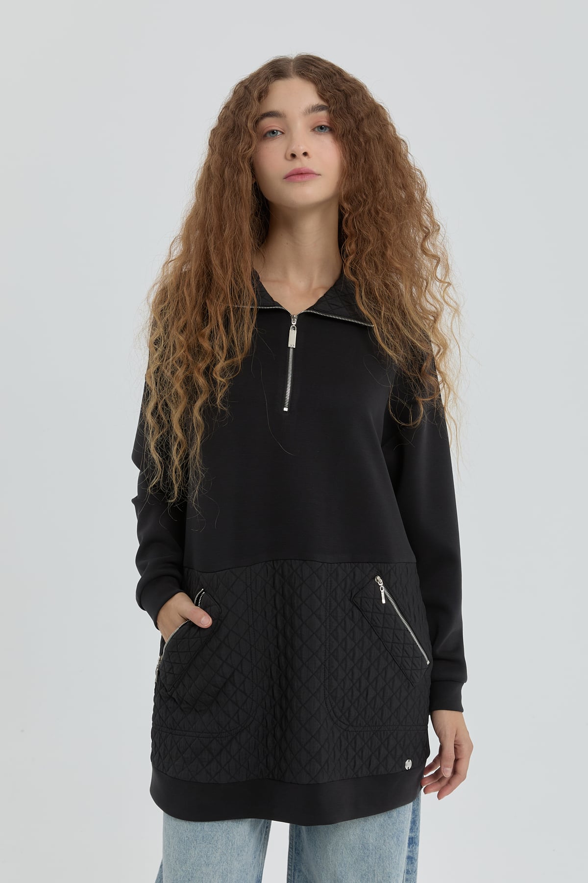 NİHAN Sweat Nihan Cep Detaylı Kapitone Garnili Sweat  Siyah_modest