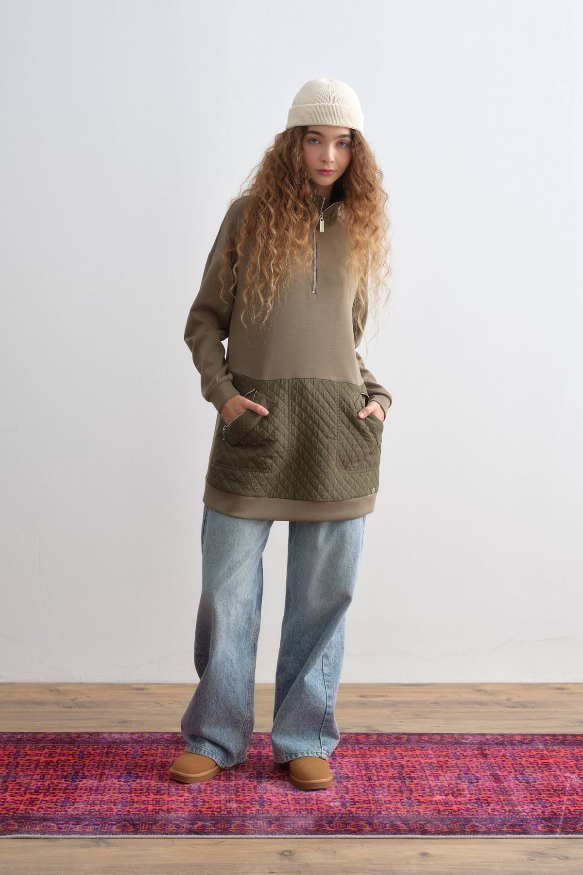 NİHAN Sweat Nihan Cep Detaylı Kapitone Garnili Sweat  Haki_modest