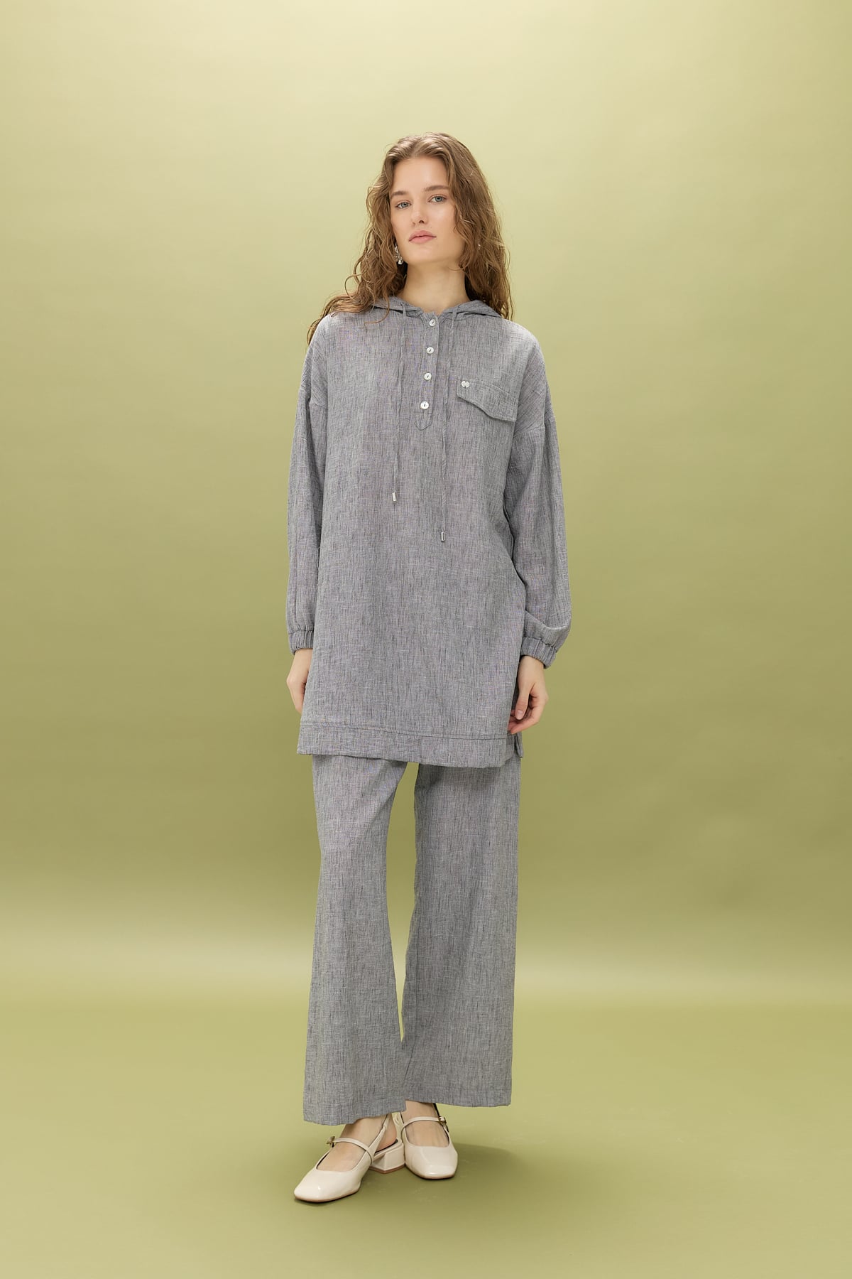 NİHAN Takım Nihan Cep Detaylı Keten Pantolon Tunik Takım  Siyah_modest
