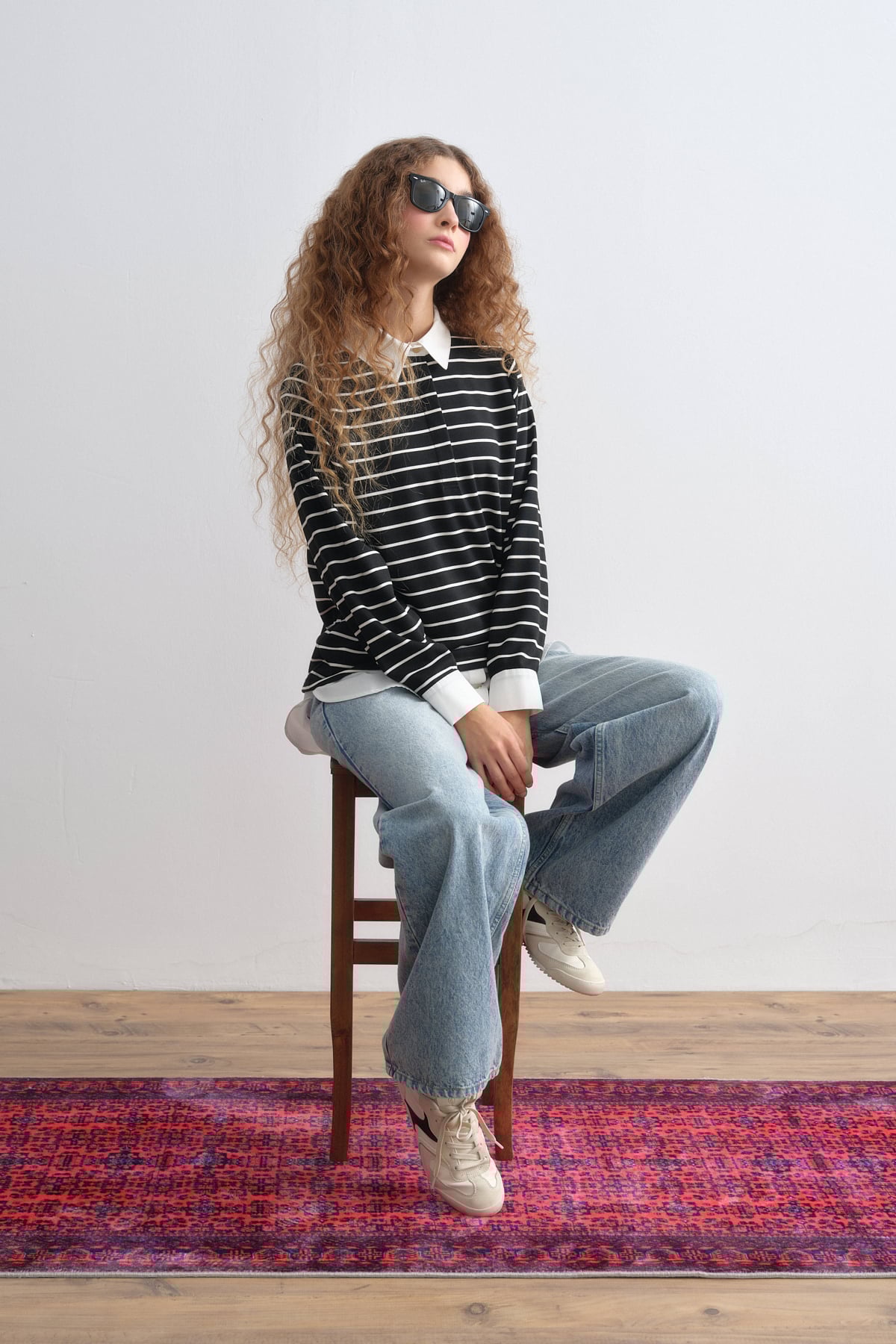 NİHAN Sweat Nihan Çizgili Gömlek Yaka Örme Çelik Sweat  Siyah_modest