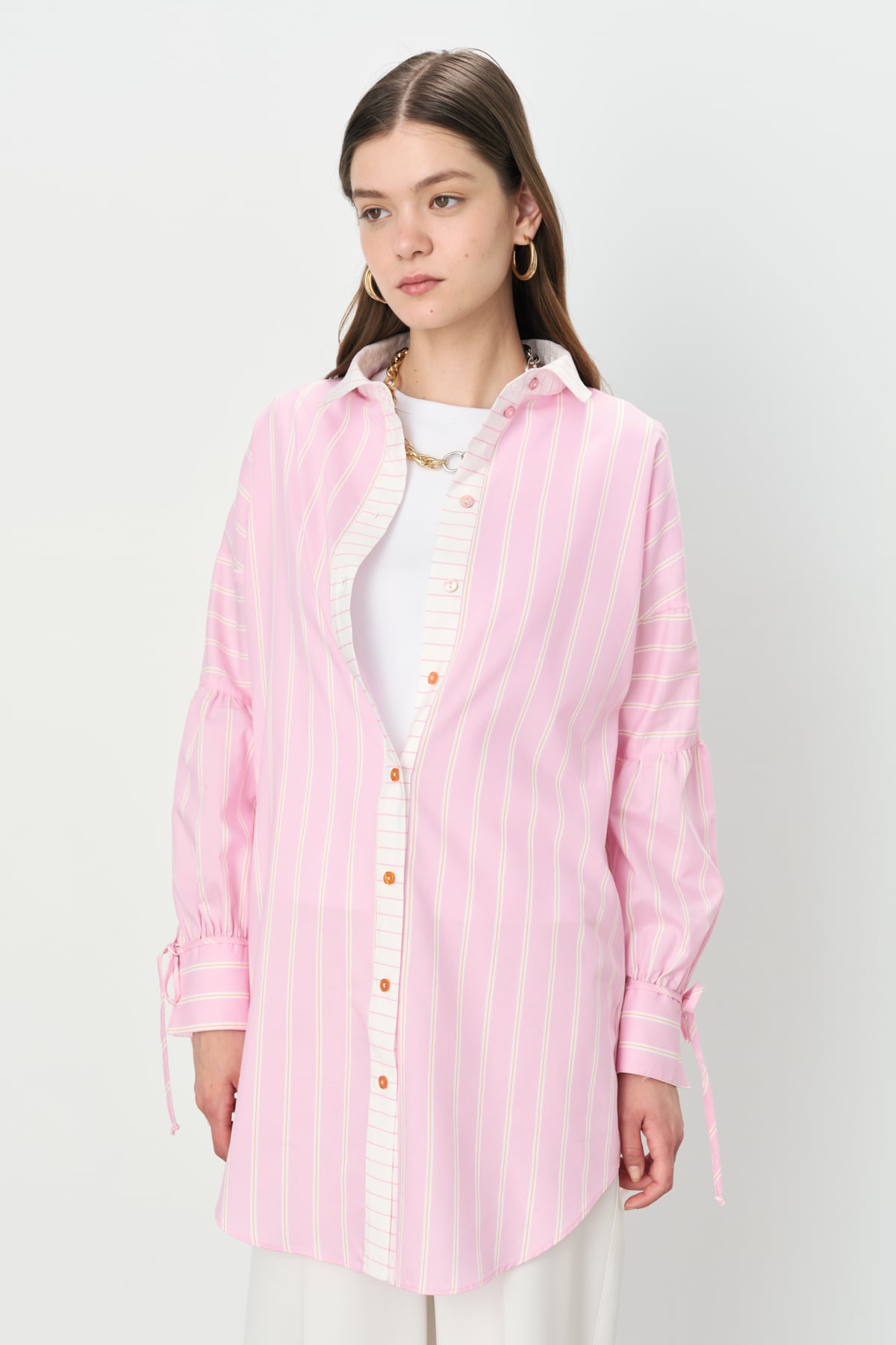 NİHAN Tunik Nihan Çizgili Gömlek Yaka Tunik  Pembe_modest