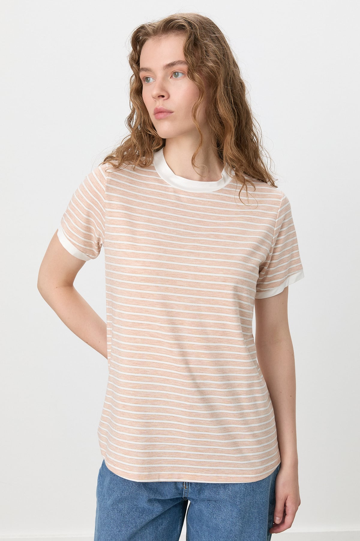 NİHAN T-Shirt Nihan Çizgili T-Shirt  Pudra_modest