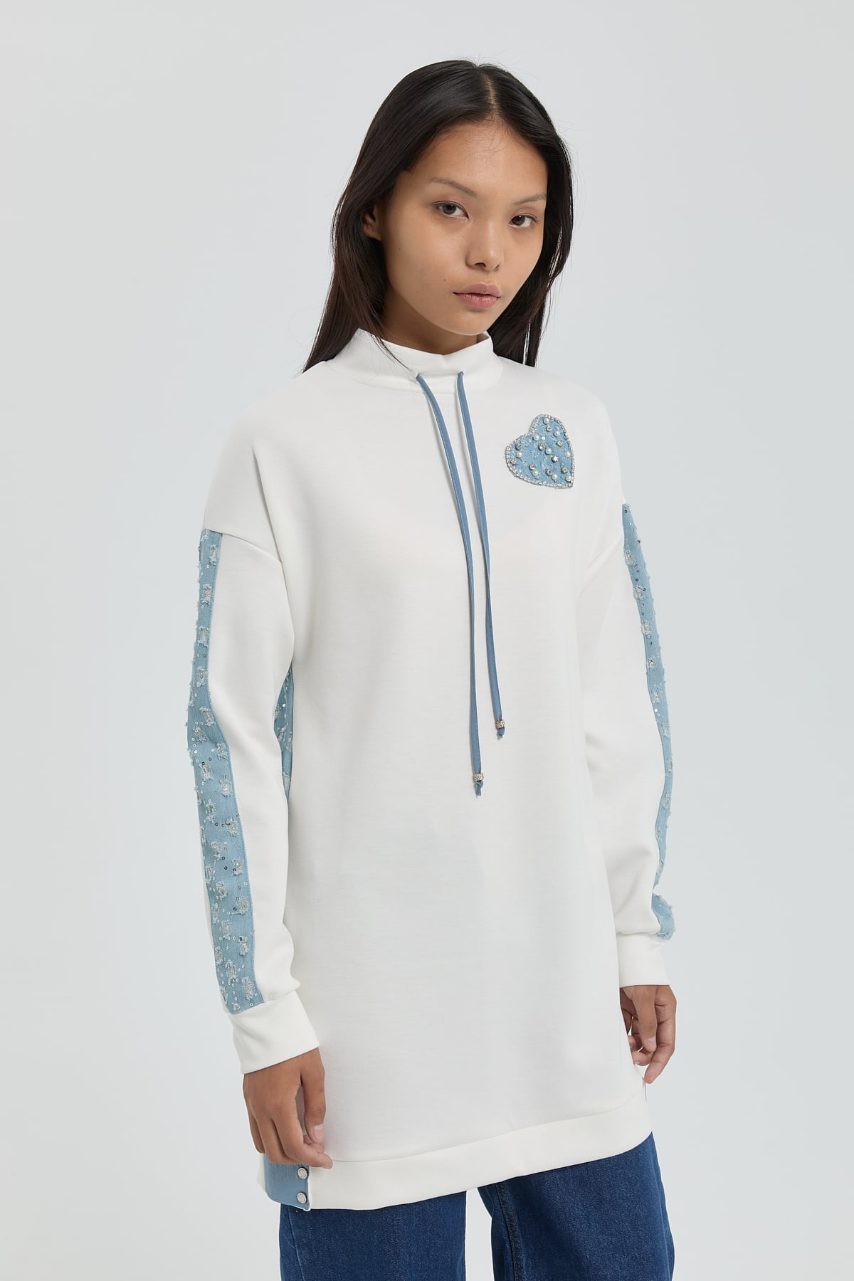 NİHAN Tunik Nihan Denim Detaylı Örme Tunik  Beyaz_modest