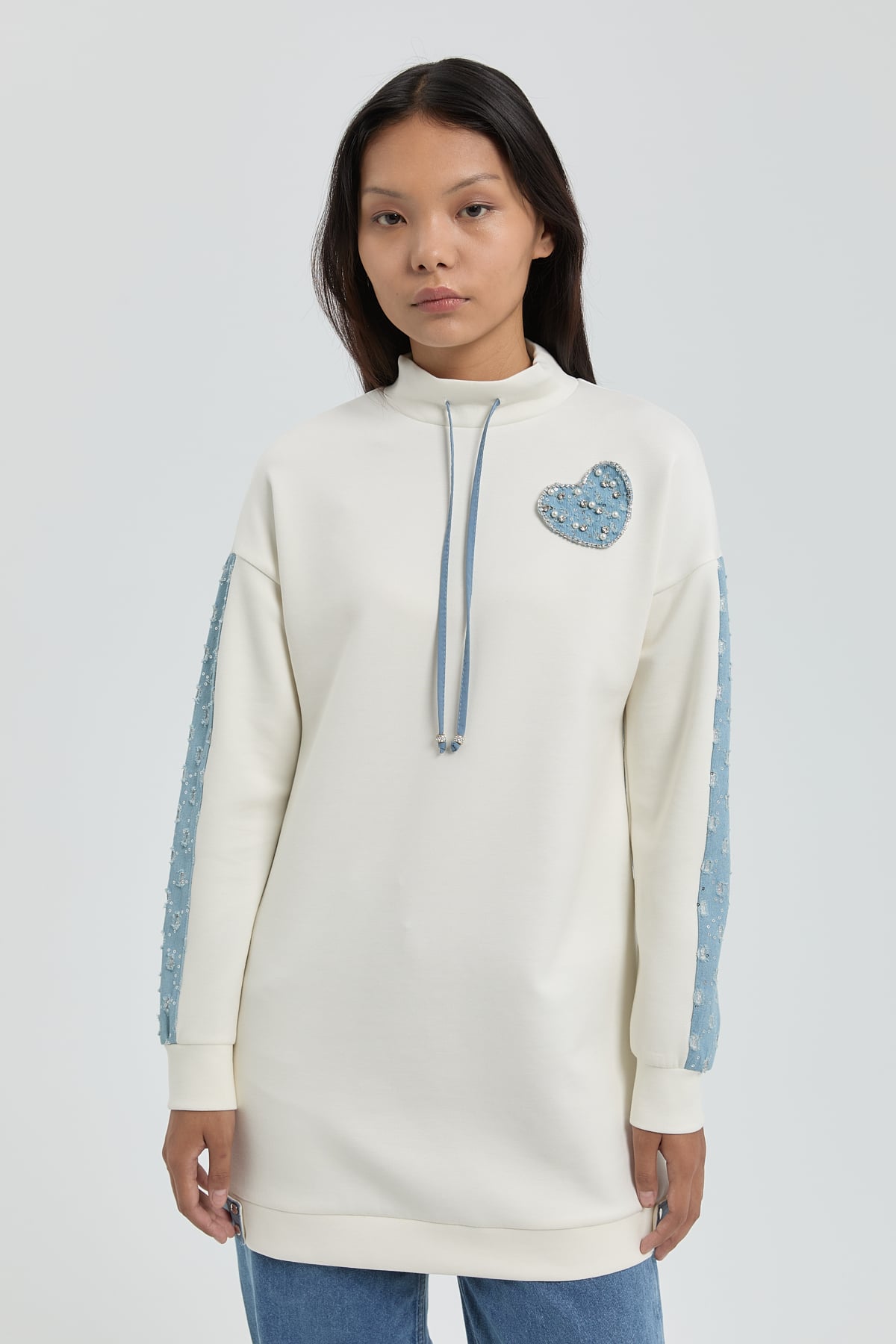 NİHAN Tunik Nihan Denim Detaylı Örme Tunik  Ekru_modest