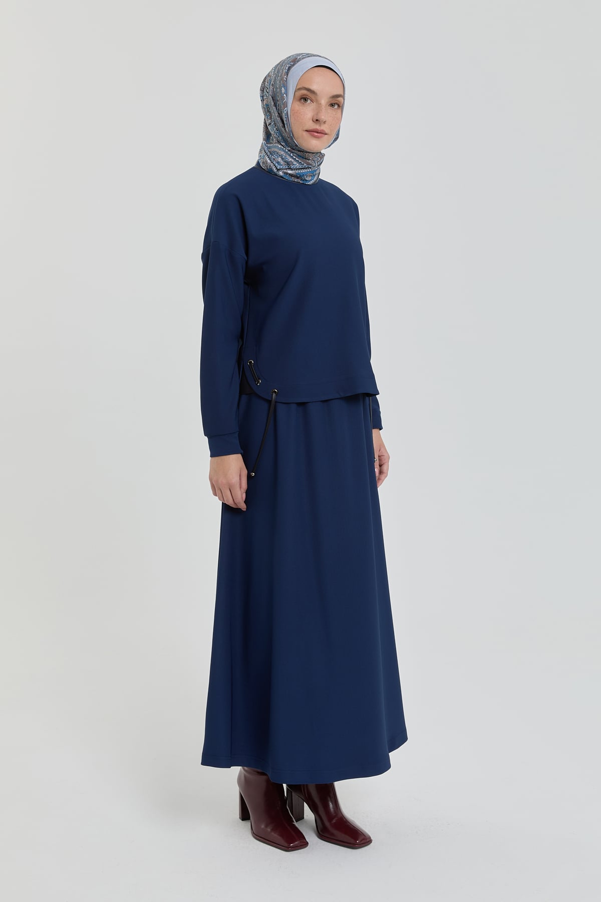 NİHAN Takım Nihan Deri Detaylı Örme Etek Bluz Takım  Lacivert_modest
