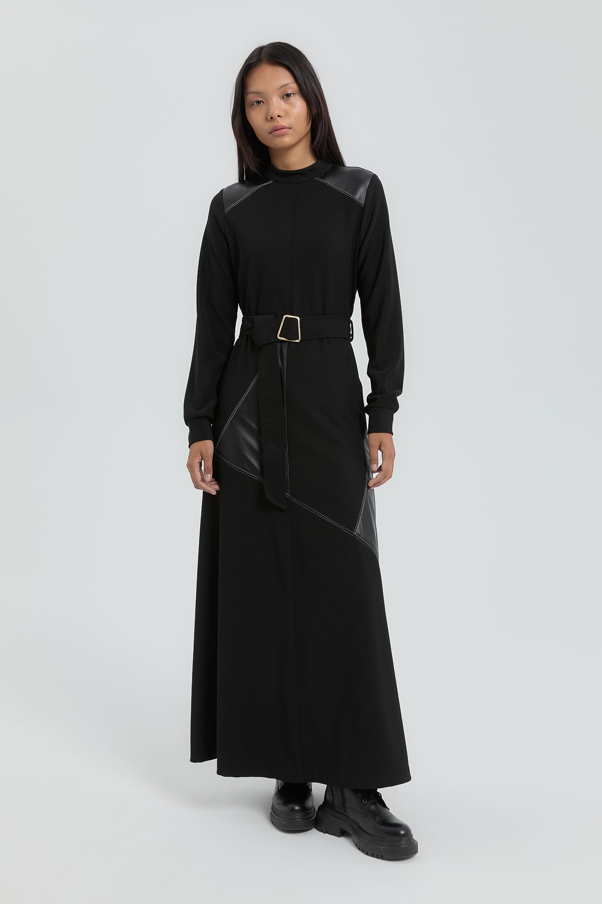 NİHAN Elbise Nihan Deri Garnili Örme Elbise  Siyah_modest