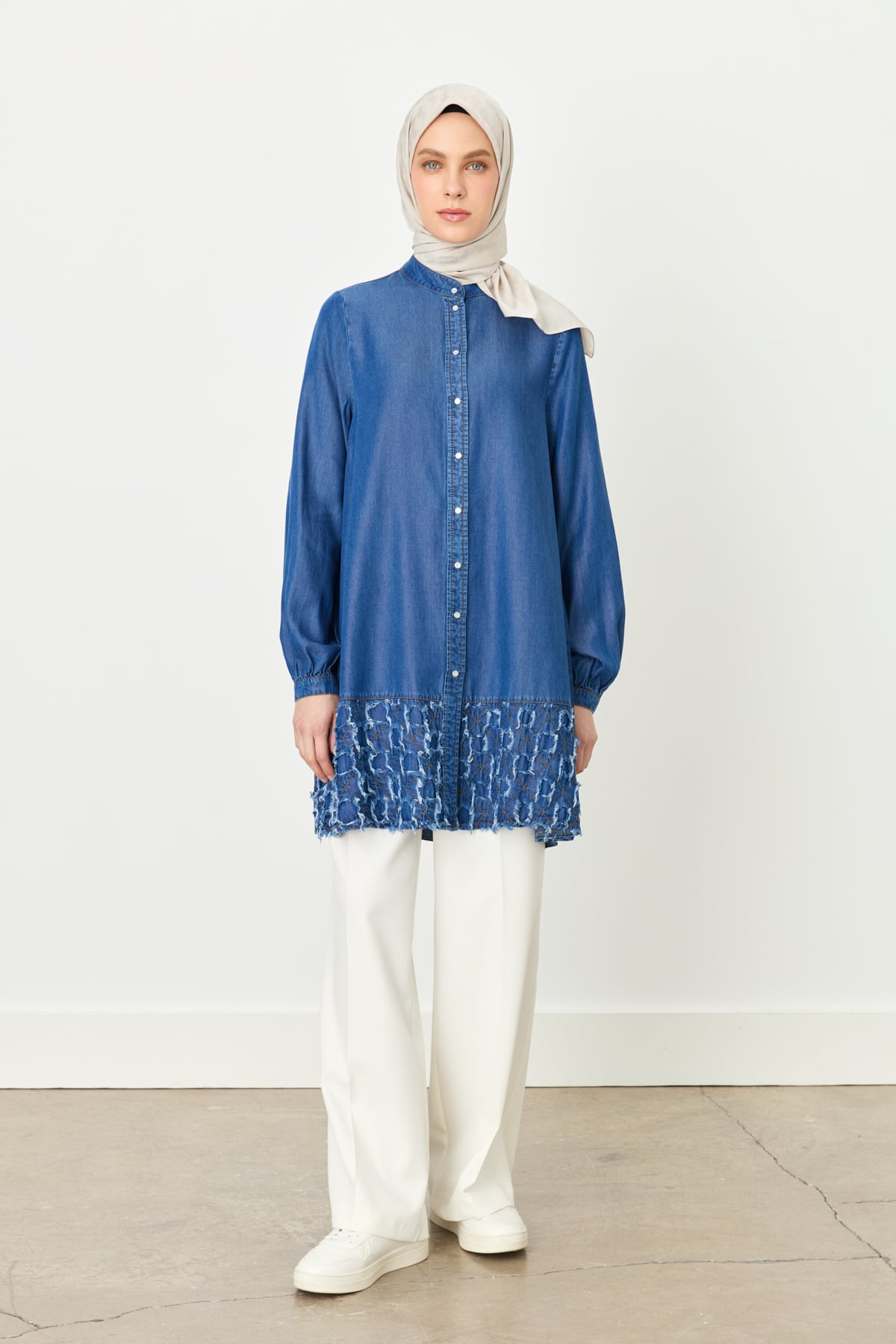 NİHAN Tunik Nihan Etek Altı Detaylı Tencel Tunik  İndigo_modest