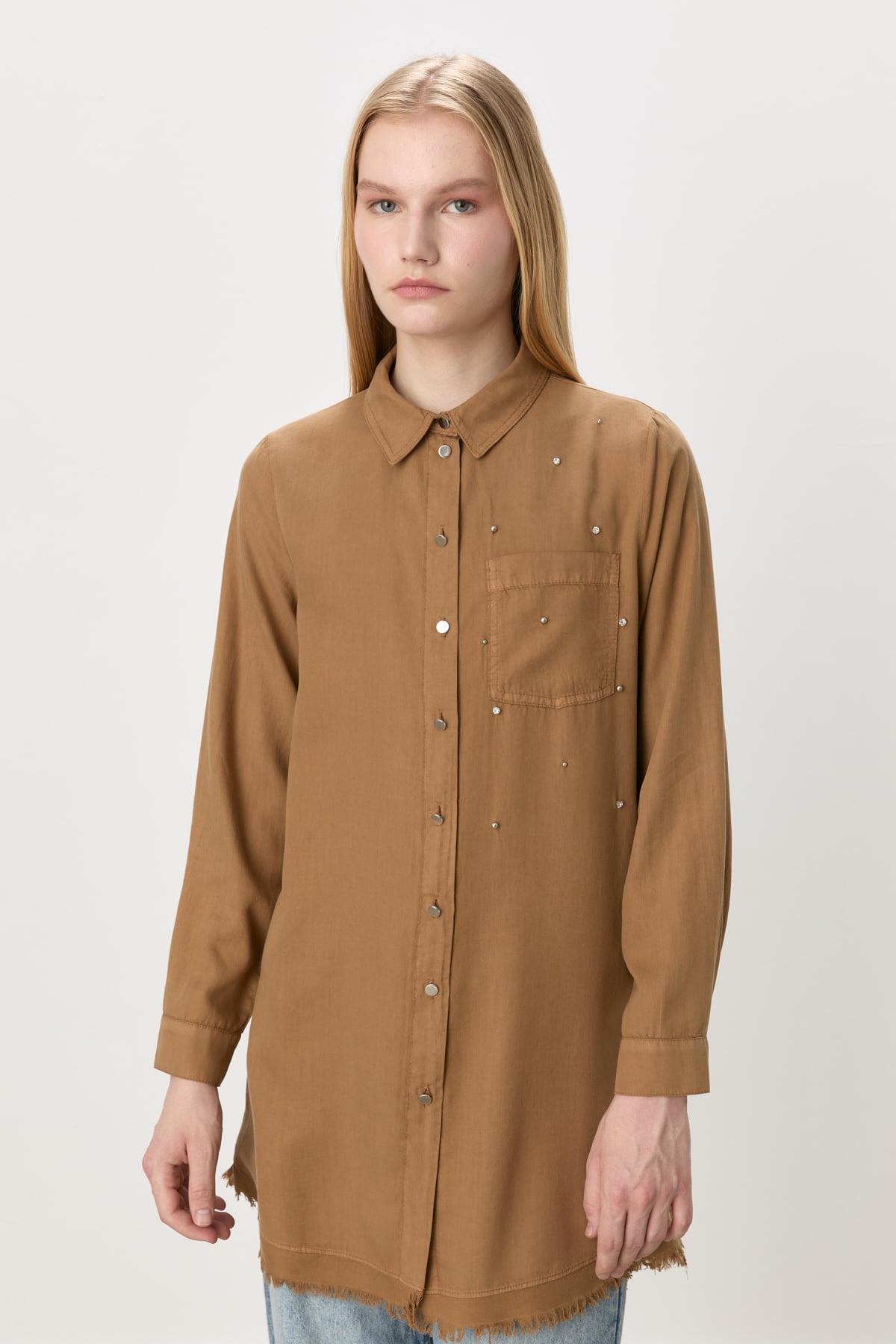 NİHAN Tunik Nihan Etek Altı Püsküllü Tencel Tunik  Camel_modest