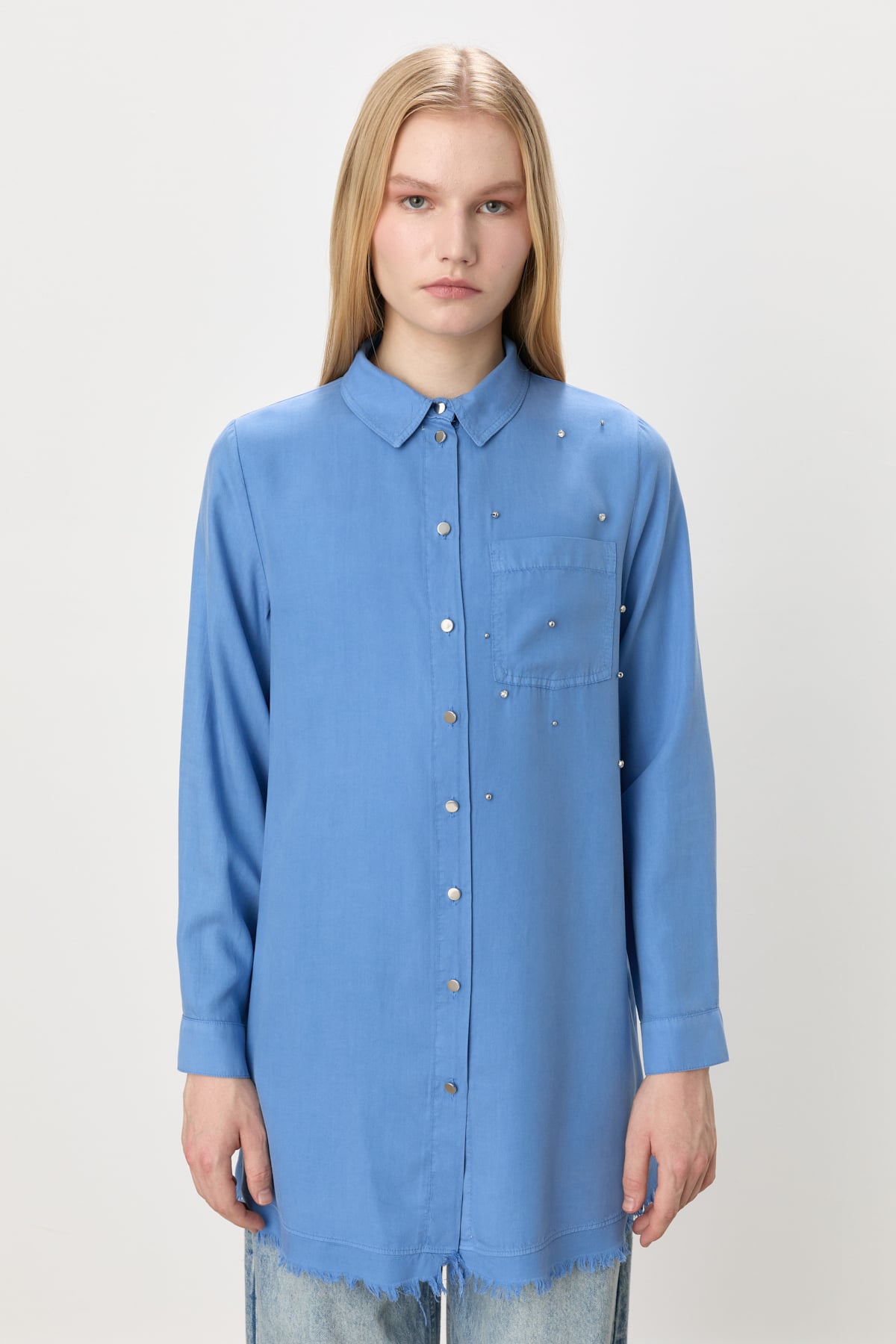 NİHAN Tunik Nihan Etek Altı Püsküllü Tencel Tunik  İndigo_modest