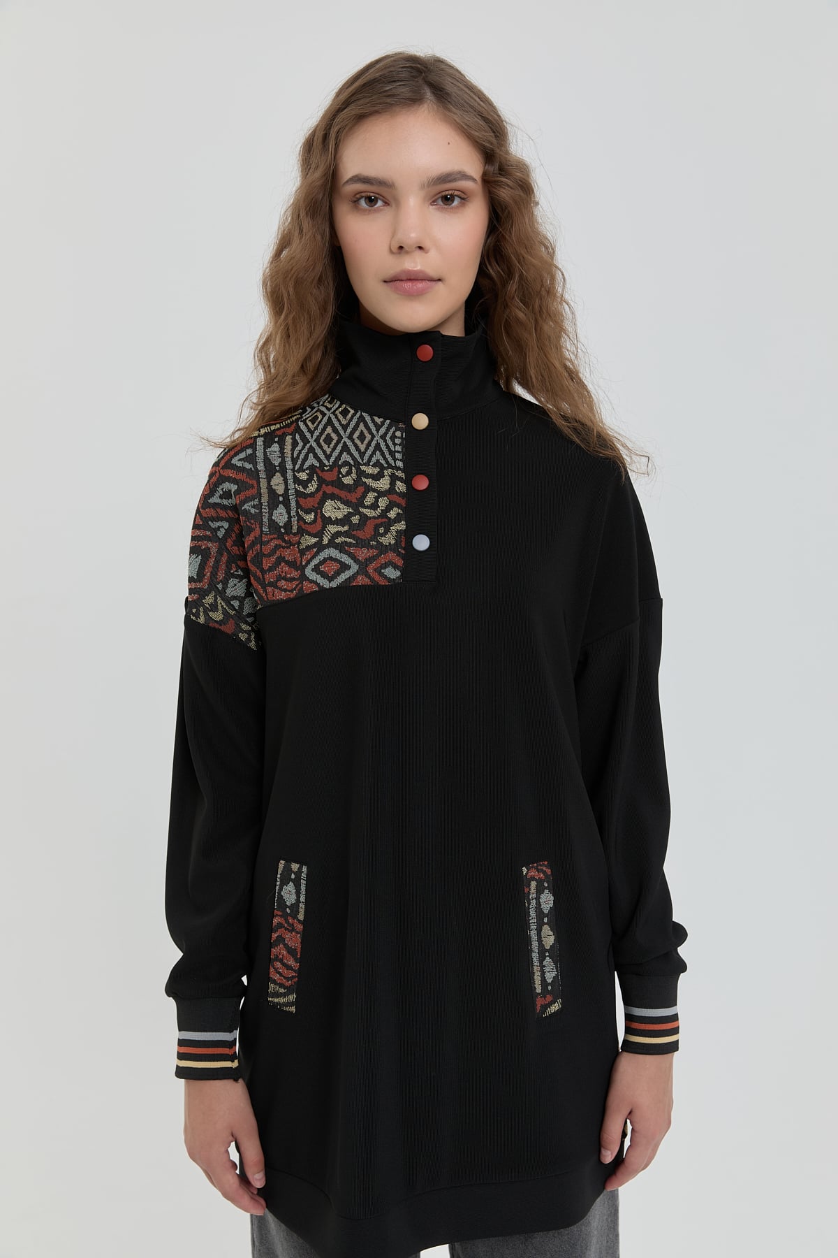 NİHAN Sweat Nihan Garnili Dik Yaka Sweat  Siyah_modest