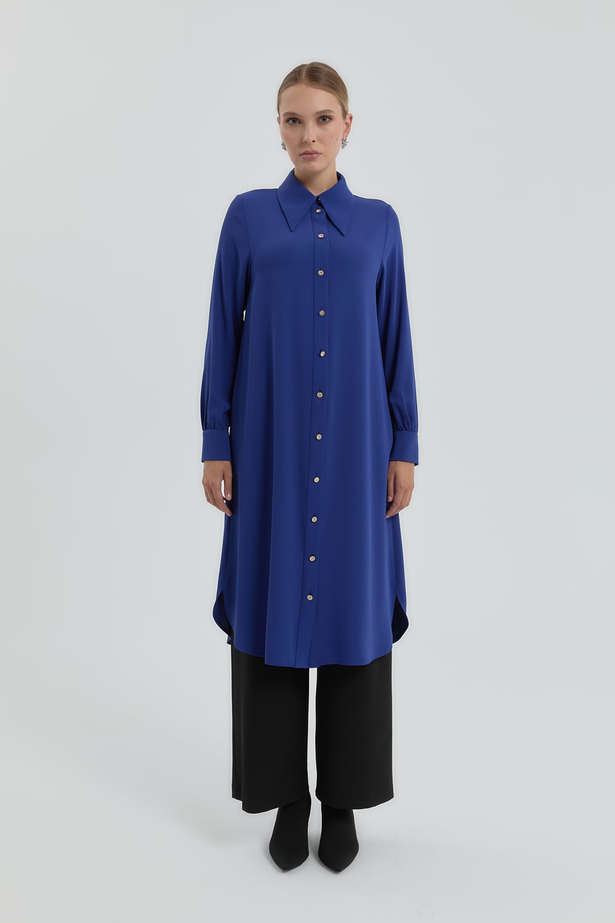 NİHAN Tunik Nihan Gold Düğmeli Gömlek Yaka Tunik  İndigo_modest