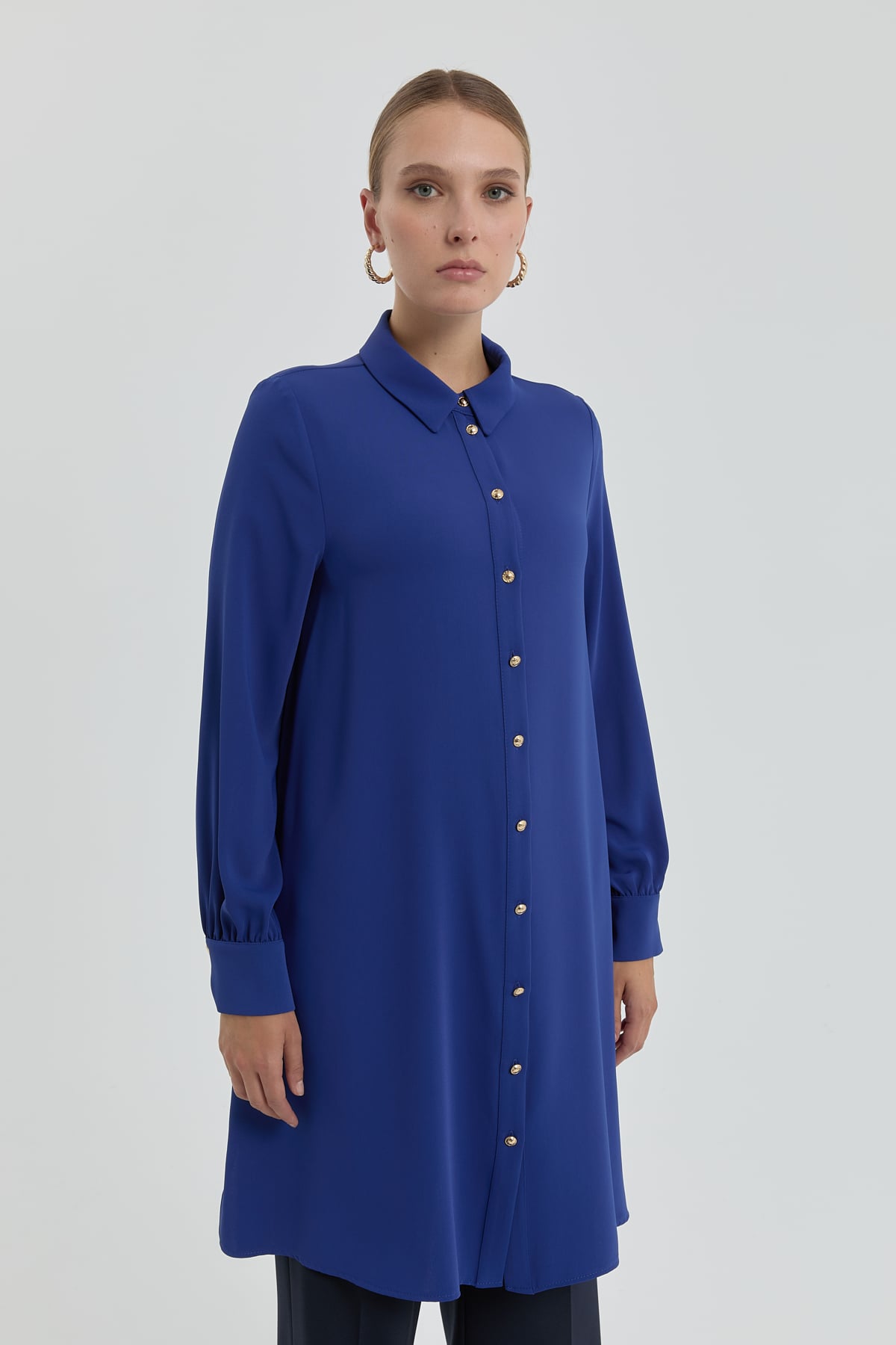 NİHAN Tunik Nihan Gold Düğmeli Gömlek Yaka Tunik  İndigo_modest