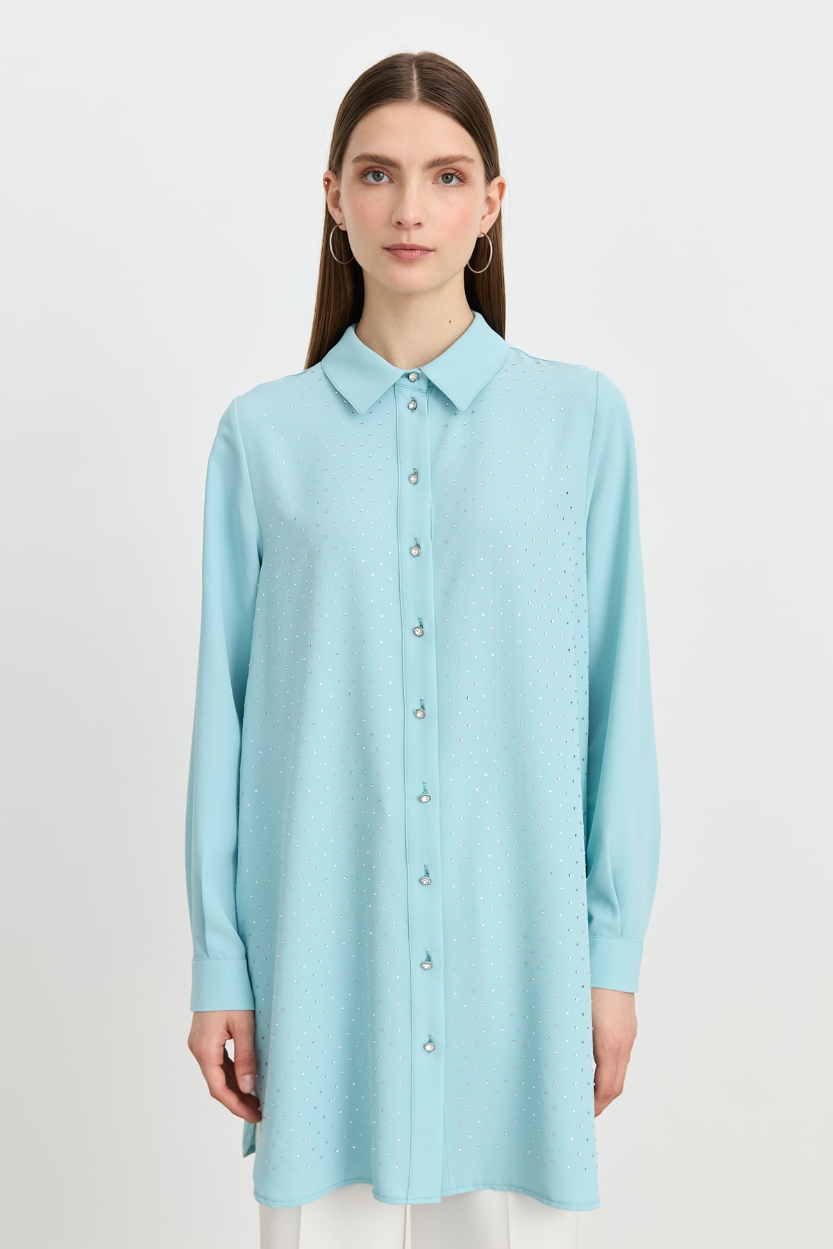NİHAN Tunik Nihan Gömlek Yaka Taşlı Şık Tunik  Aqua_modest