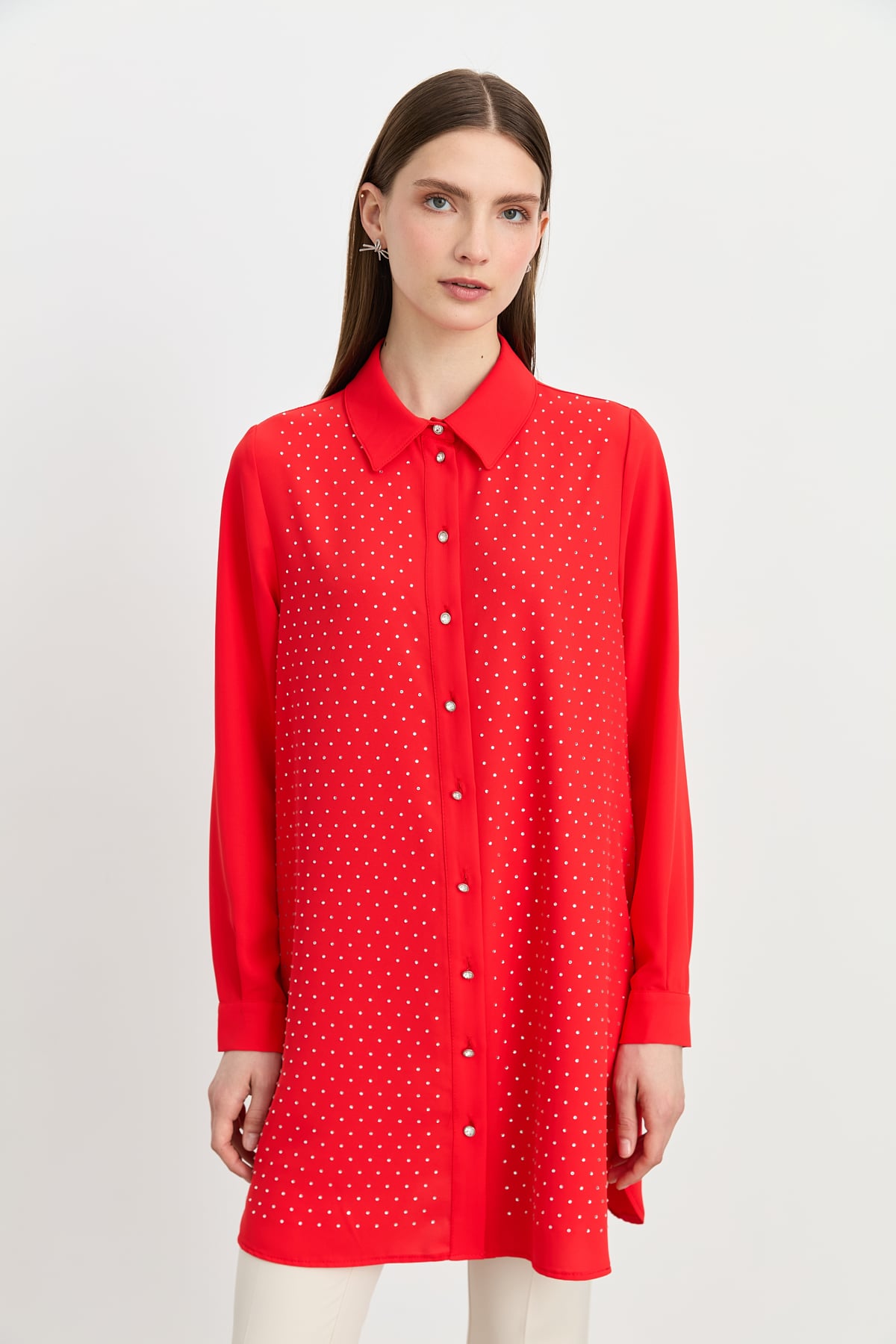 NİHAN Tunik Nihan Gömlek Yaka Taşlı Şık Tunik  Mercan_modest