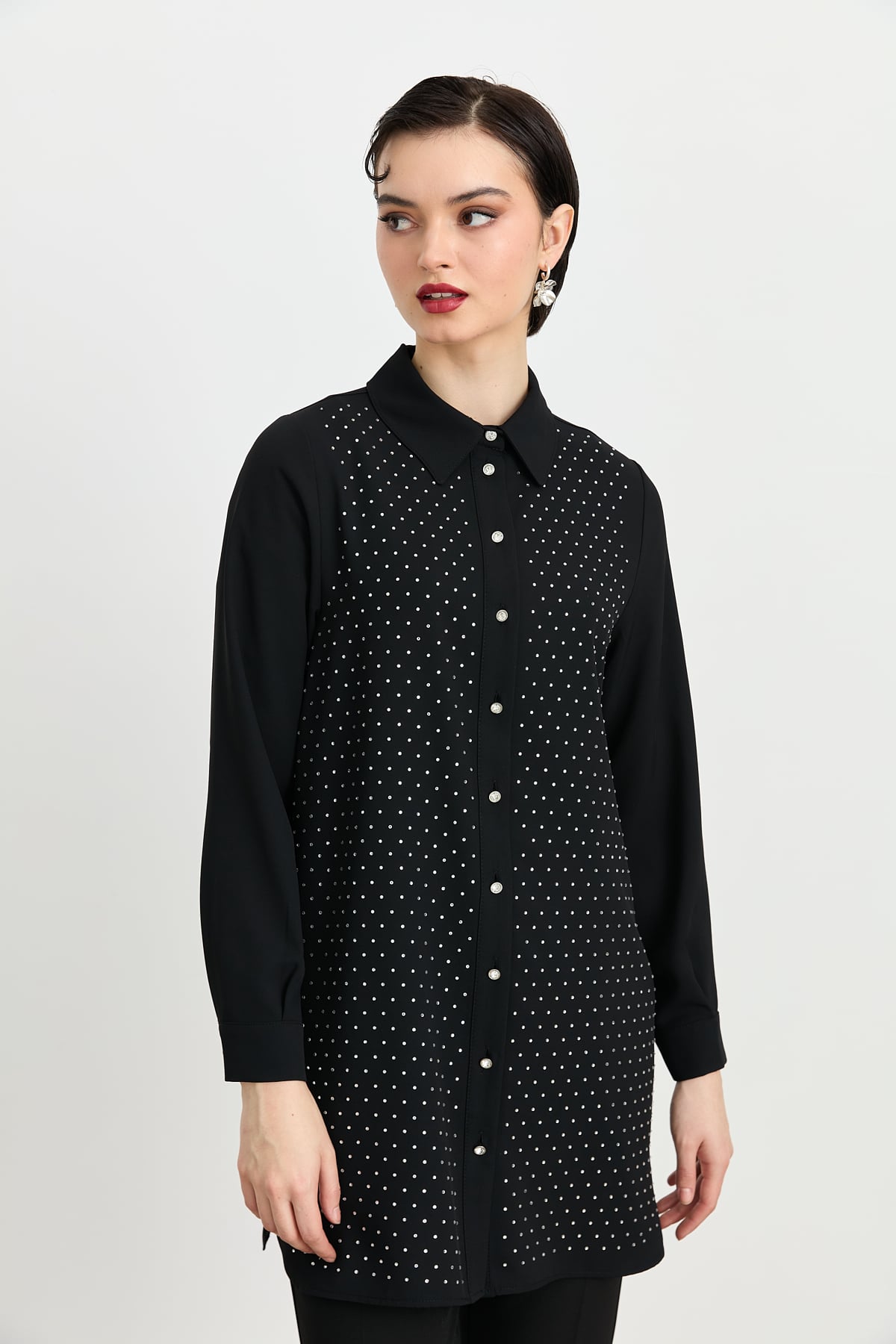NİHAN Tunik Nihan Gömlek Yaka Taşlı Şık Tunik  Siyah_modest