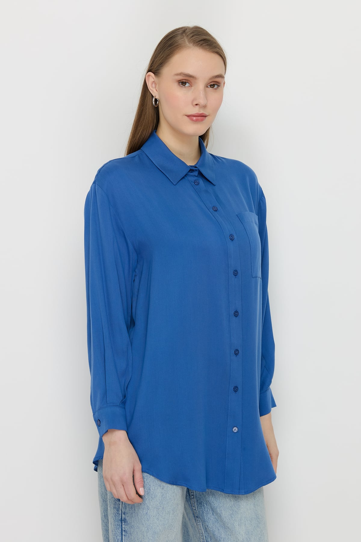 NİHAN Tunik Nihan Gömlek Yaka Tencel Basic Tunik  İndigo_modest