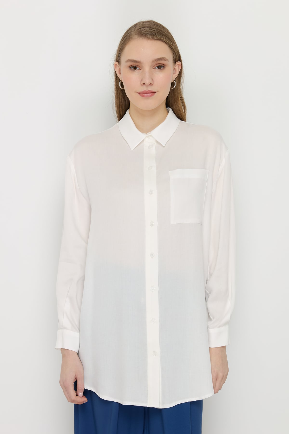 NİHAN Tunik Nihan Gömlek Yaka Tencel Basic Tunik  Ekru_modest