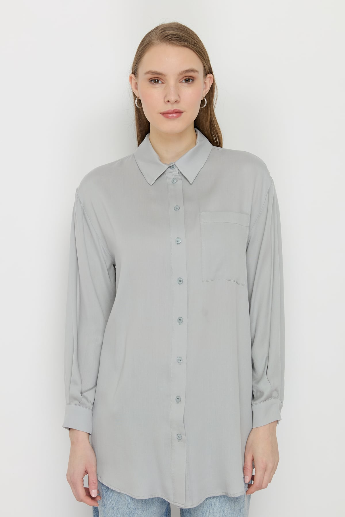 NİHAN Tunik Nihan Gömlek Yaka Tencel Basic Tunik  Gri_modest