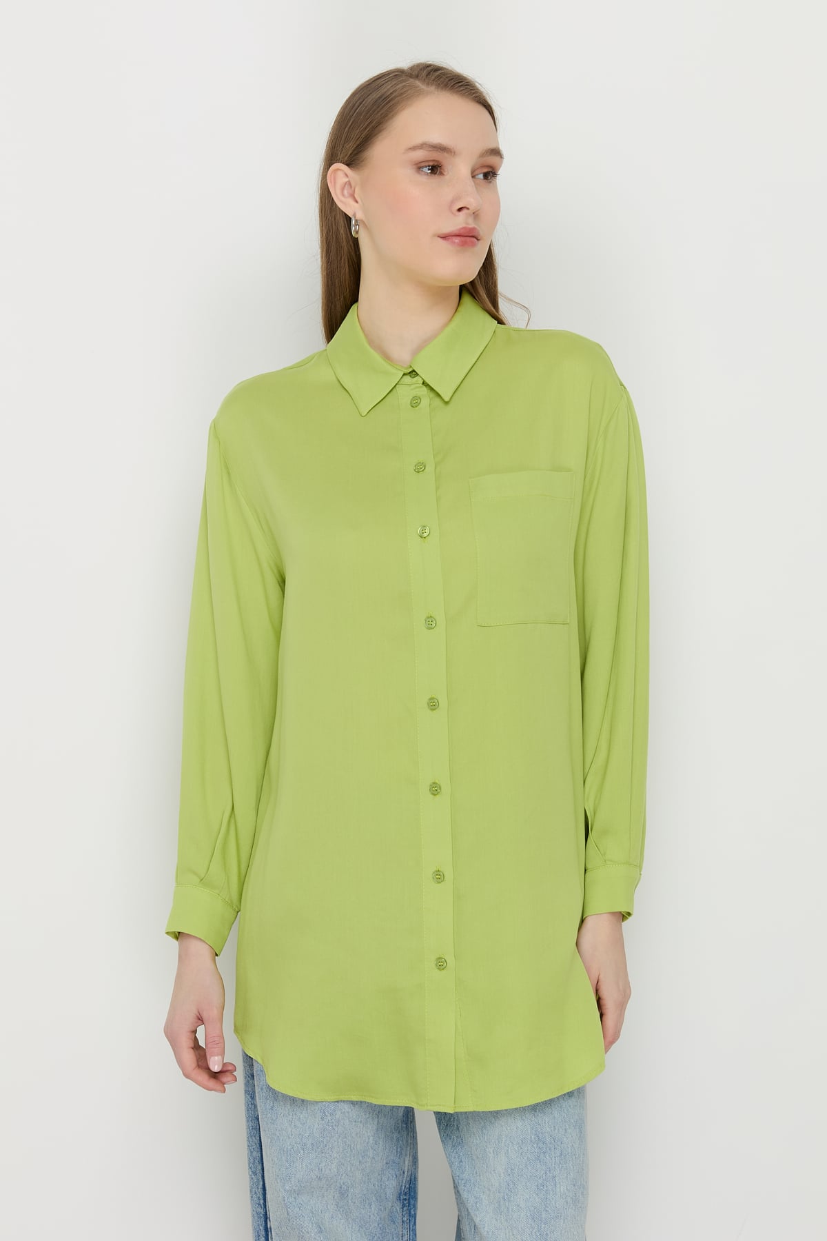 NİHAN Tunik Nihan Gömlek Yaka Tencel Basic Tunik  Fıstık Yeşili_modest