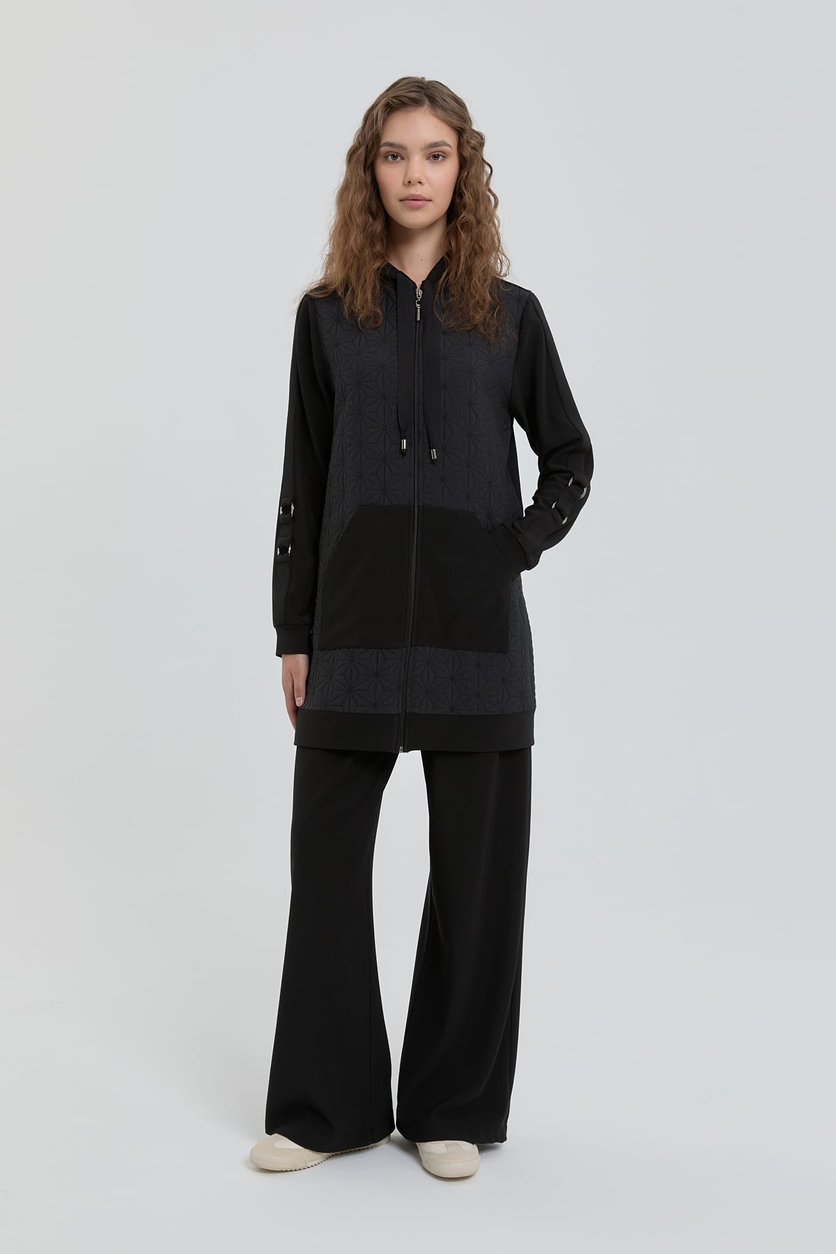 NİHAN Takım Nihan İnce Kapitone Garnili Örme Pantolon Tunik Takım  Siyah_modest