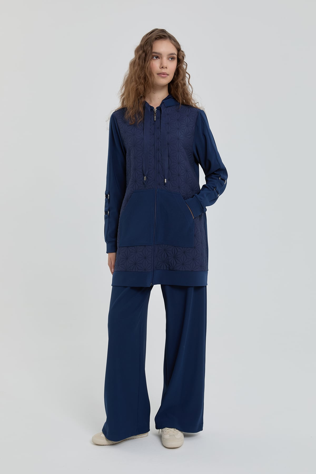 NİHAN Takım Nihan İnce Kapitone Garnili Örme Pantolon Tunik Takım  Lacivert_modest