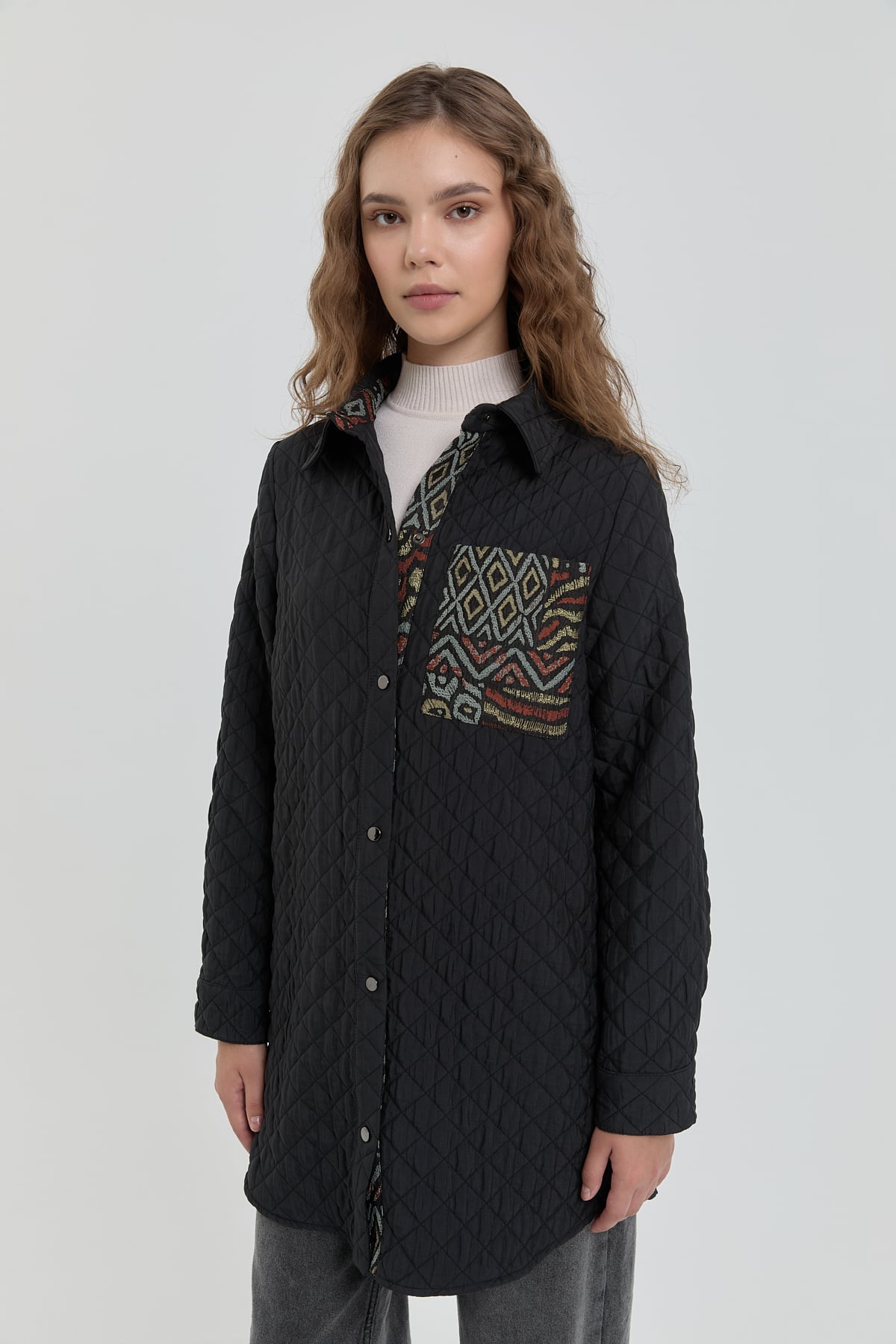 NİHAN Ceket Nihan İnce Kapitone Jakar Garnili Ceket  Siyah_modest