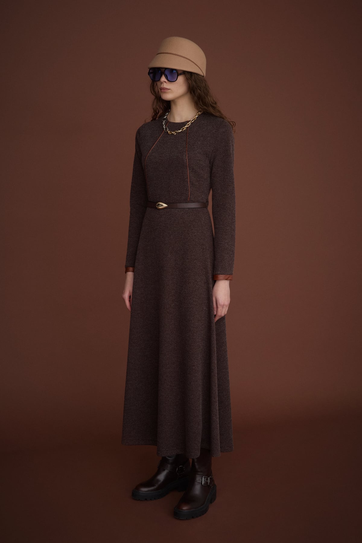 NİHAN Elbise Nihan Kemerli Örme Elbise  Kahve_modest