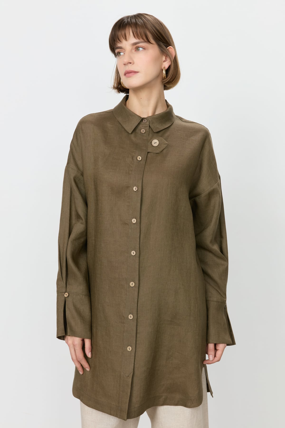 NİHAN Tunik Nihan Kol Detaylı Oversize Keten Tunik  Haki_modest