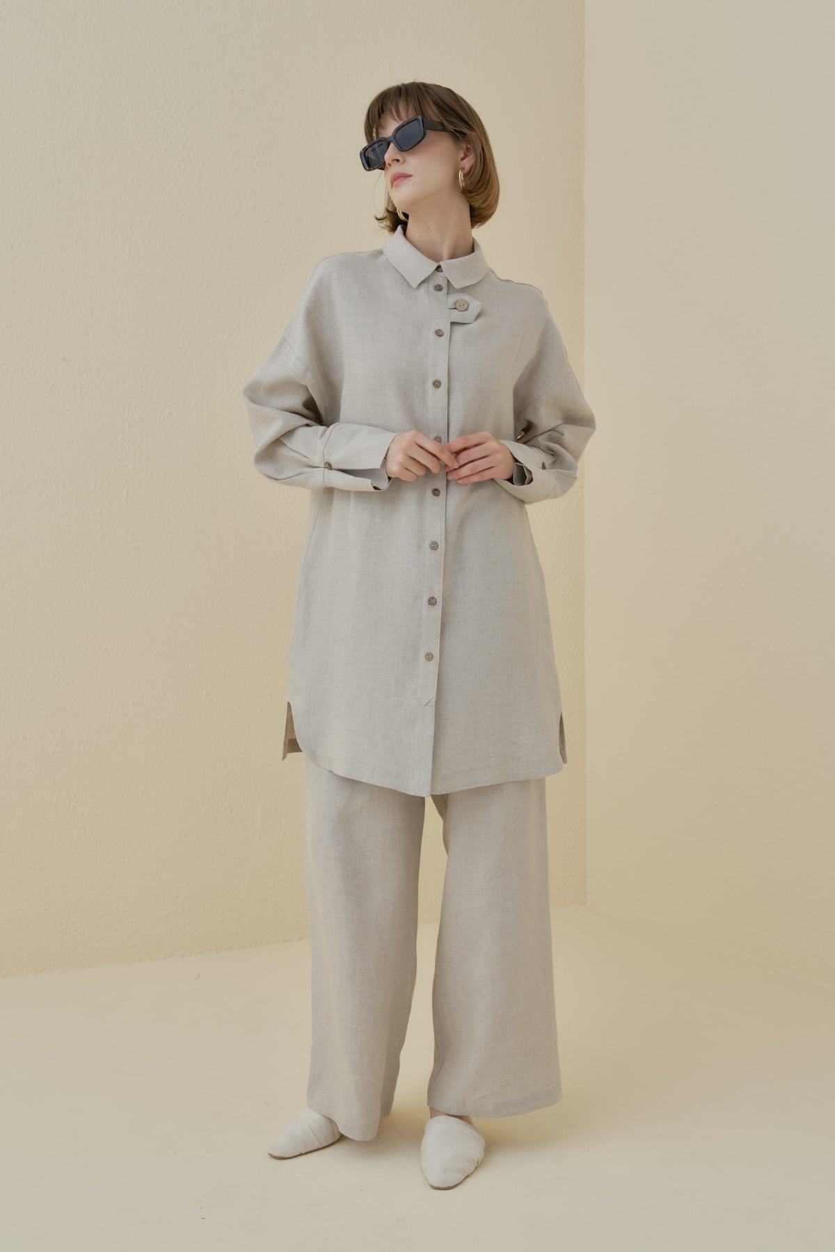 NİHAN Tunik Nihan Kol Detaylı Oversize Keten Tunik  Bej_modest