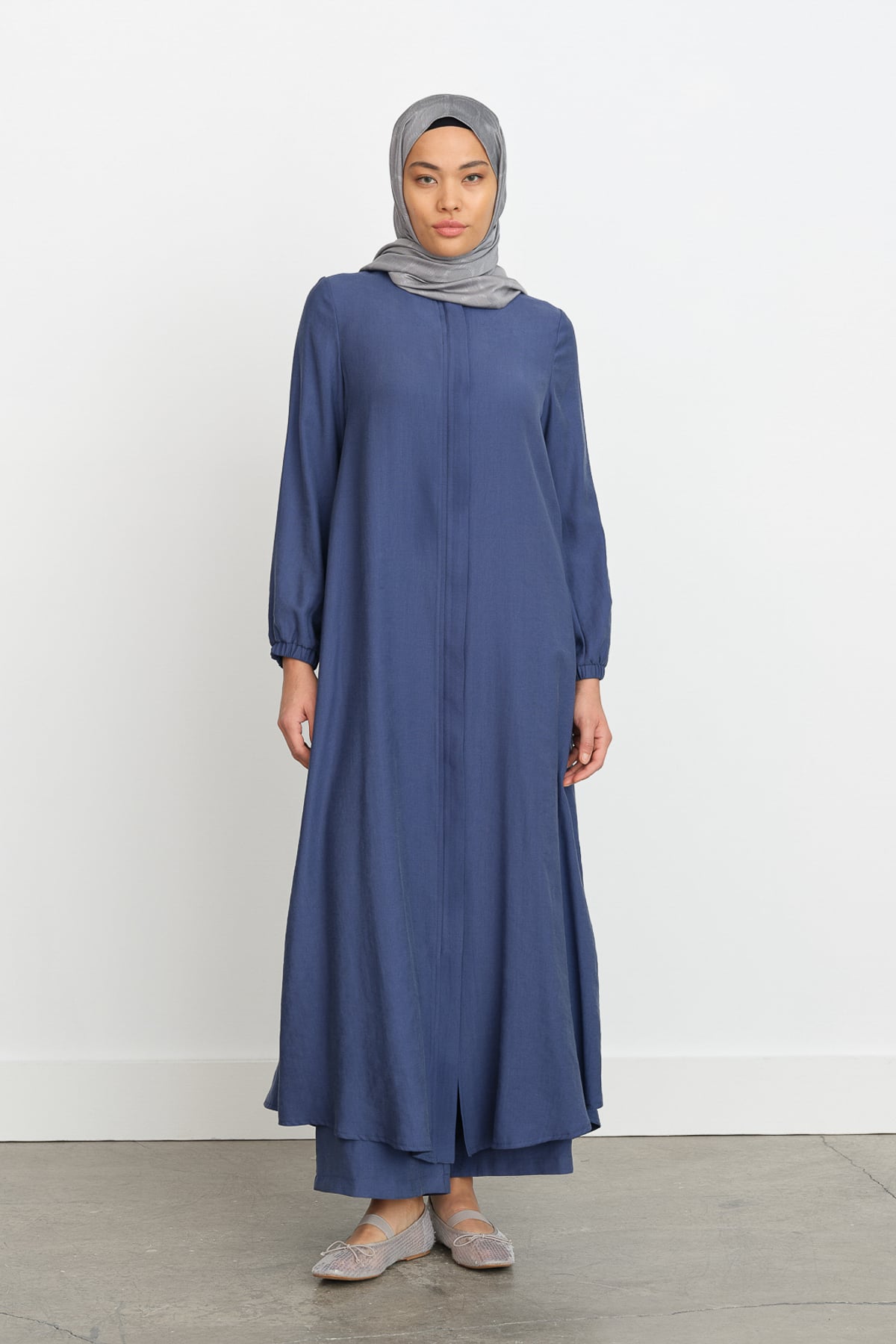 NİHAN Pardesü Nihan Kolları Lastikli Tencel Ferace  İndigo_modest