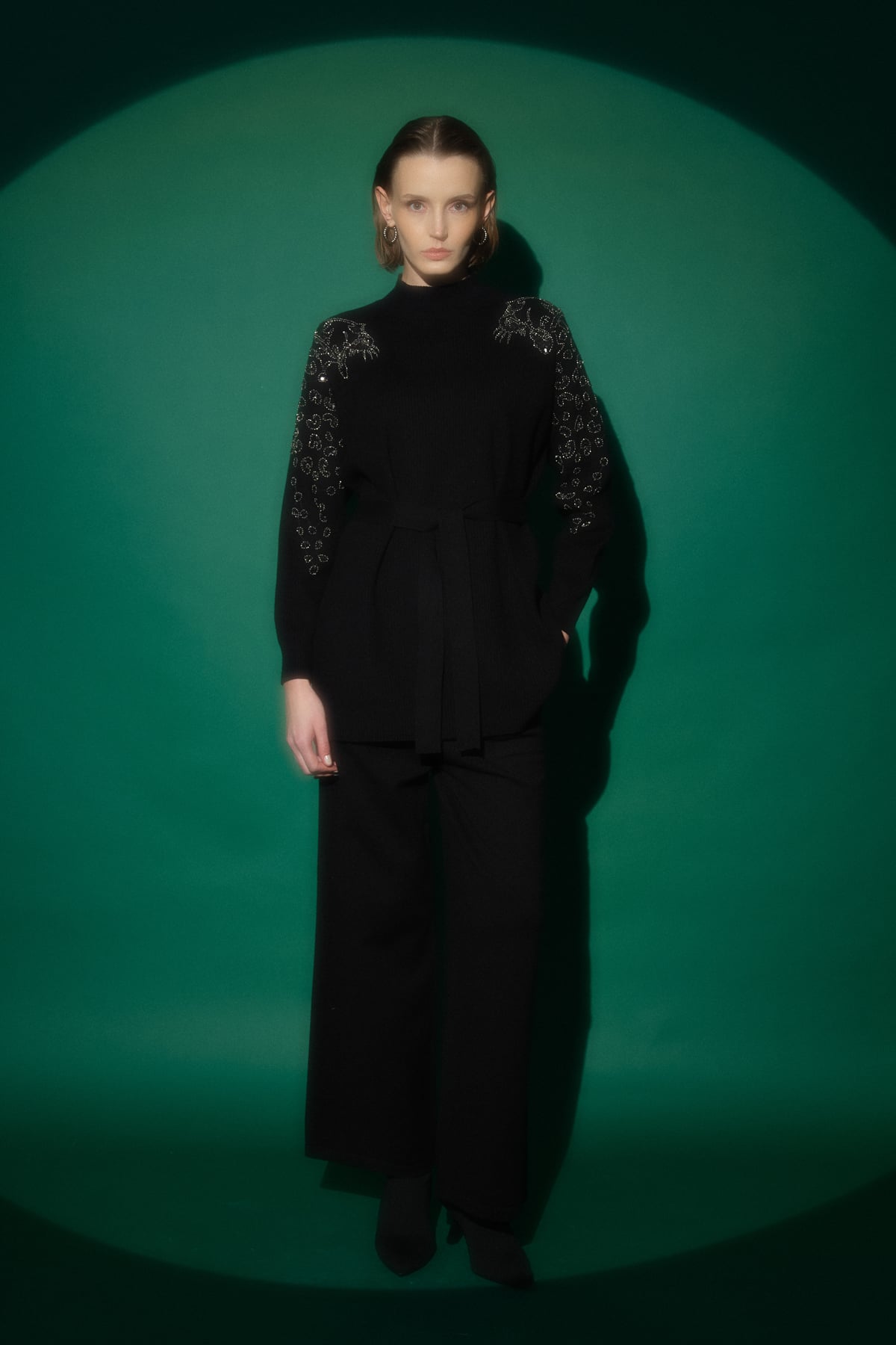 NİHAN Takım Nihan Kolları Leopar Payetli Fitilii Triko Pantolon Tunik Takım  Siyah_modest