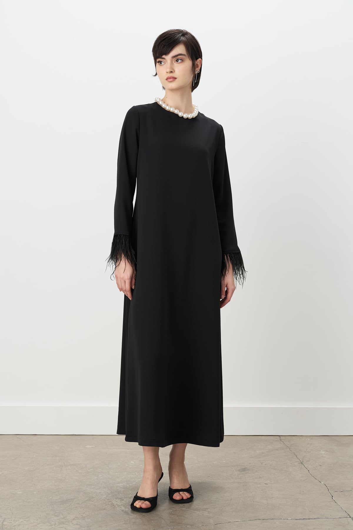 NİHAN Elbise Nihan Kolları Otrişli Şık Elbise  Siyah_modest