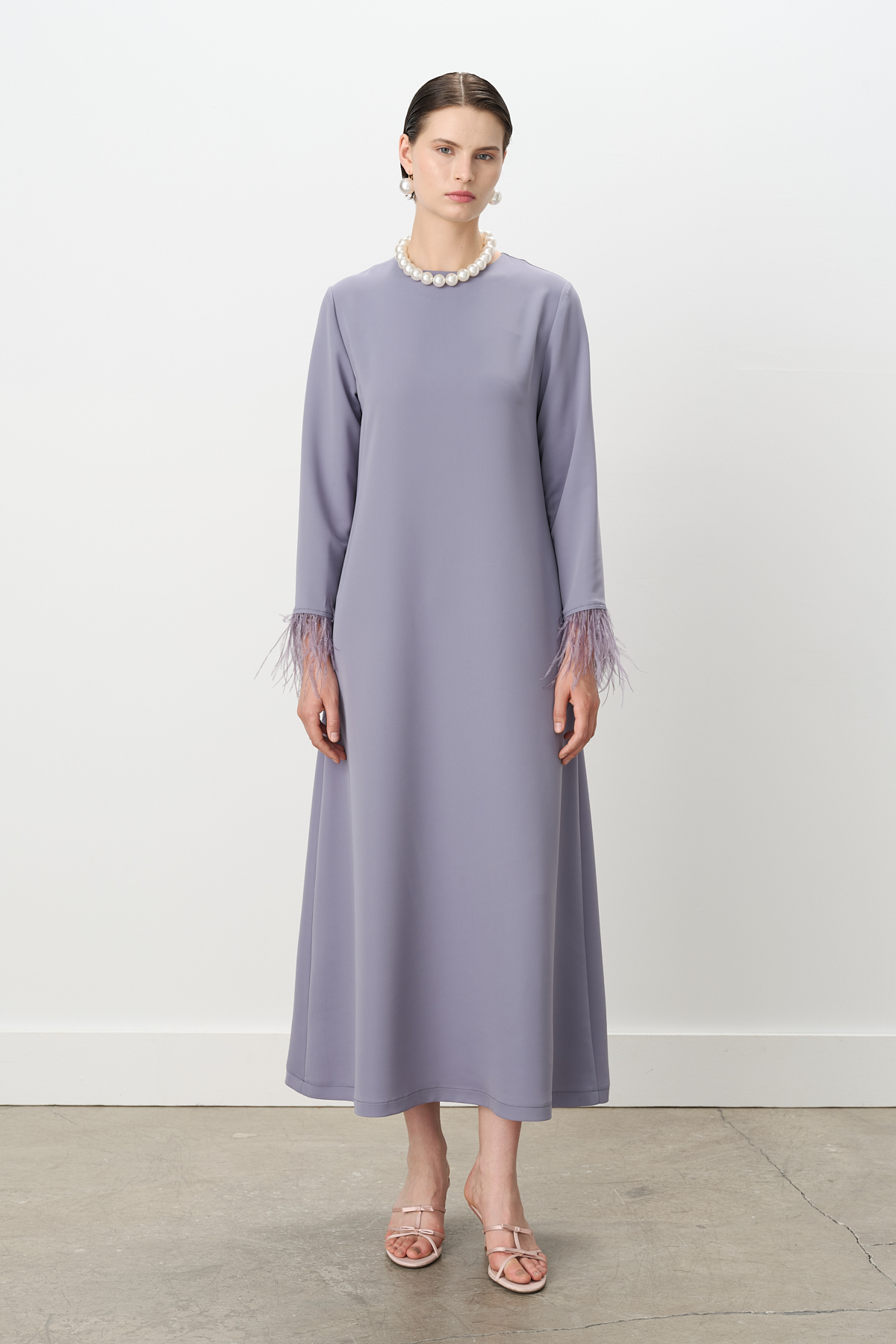 NİHAN Elbise Nihan Kolları Otrişli Şık Elbise  Gri Mavi_modest