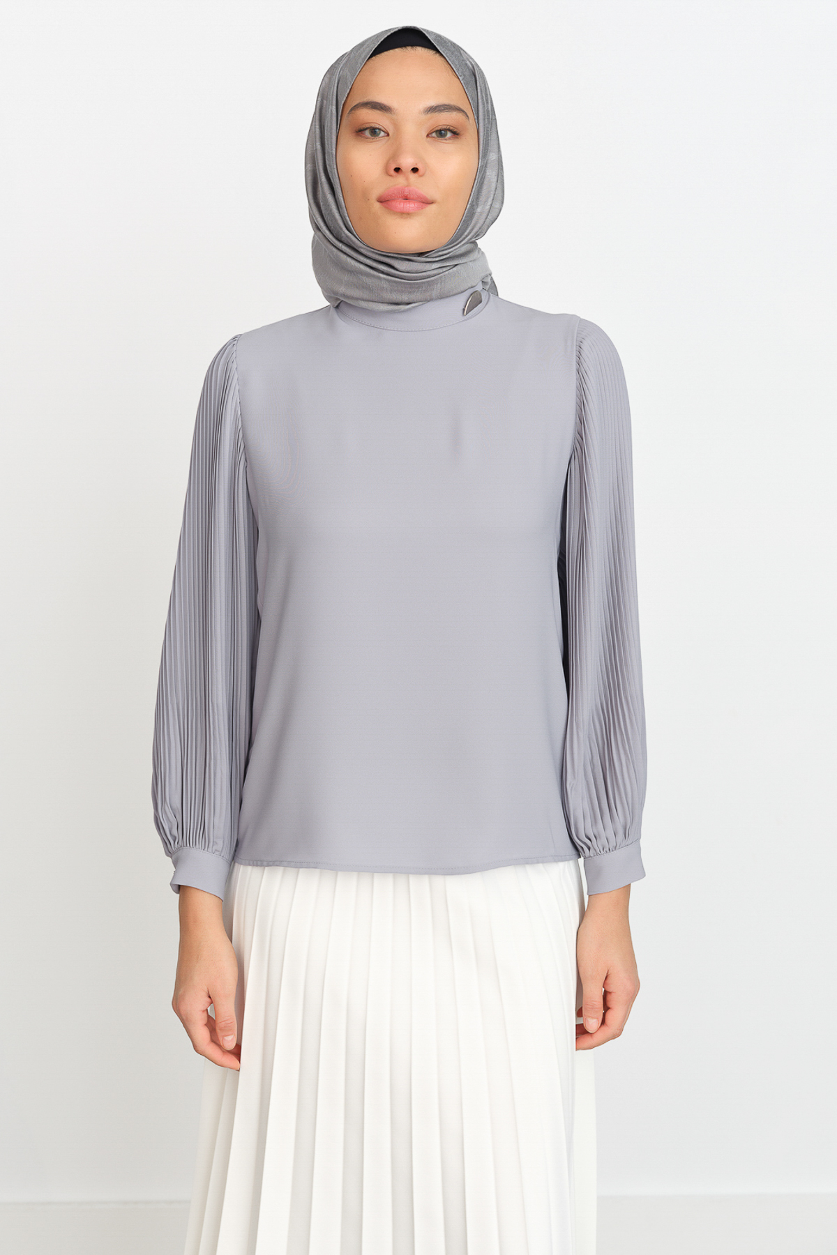 NİHAN Bluz Nihan Kolları Pilise Bluz  Gri_modest