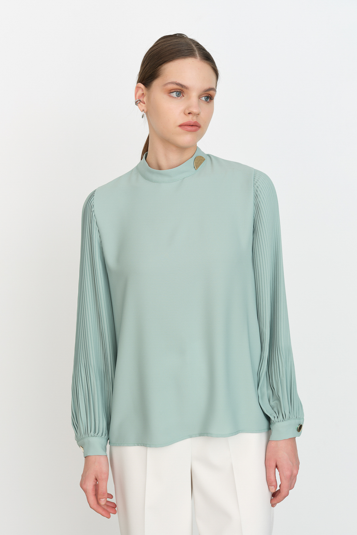 NİHAN Bluz Nihan Kolları Pilise Bluz  Mint_modest