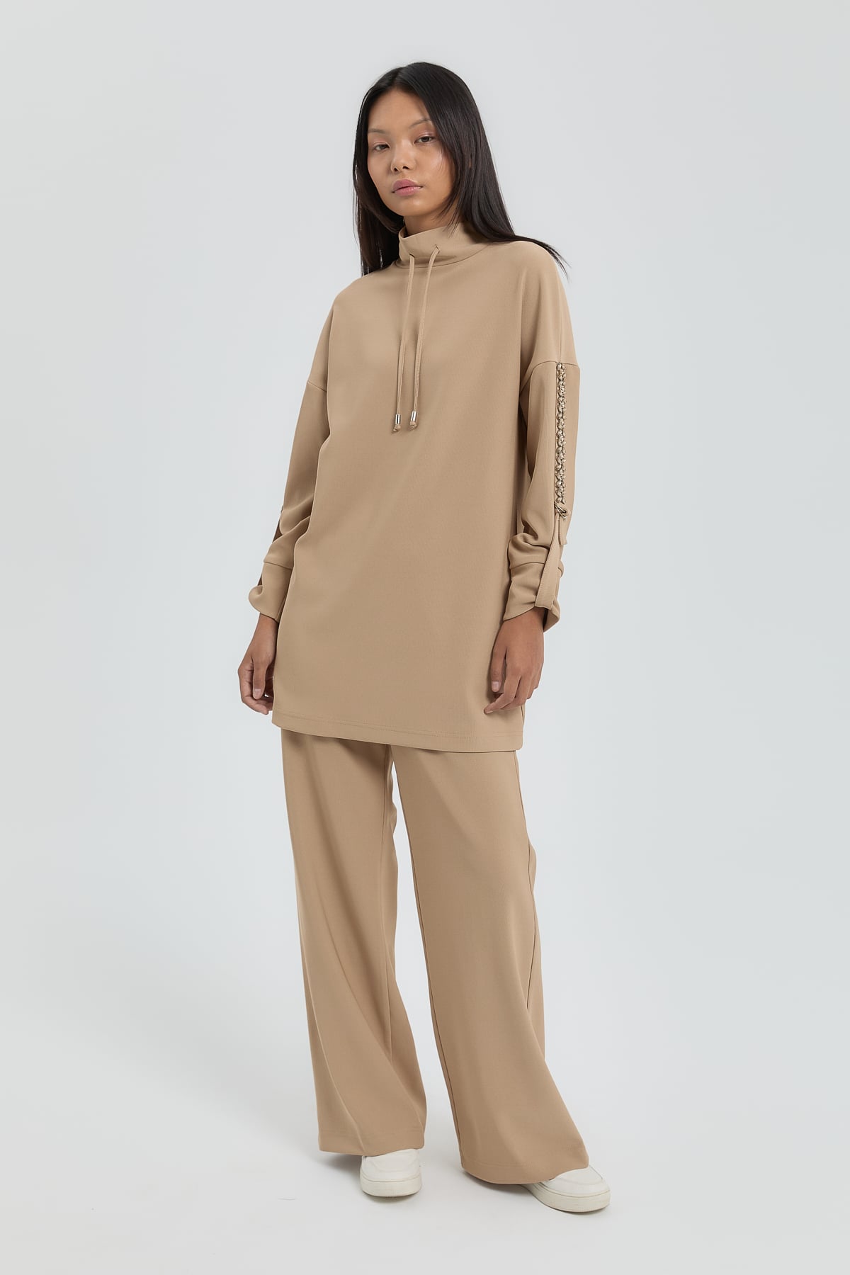 NİHAN Takım Nihan Kolları Taşlı Örme Pantolon Tunik Takım  Camel_modest