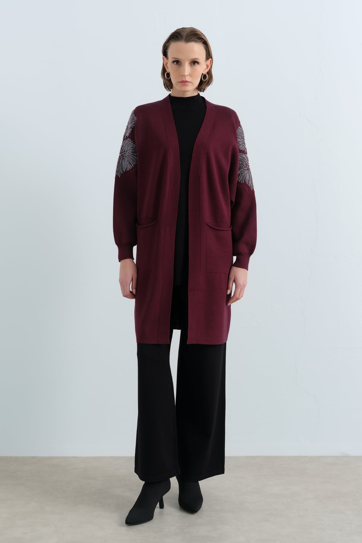 NİHAN Hırka Nihan Kolu Boncuk İşlemeli Triko Hırka  Kırmızı_modest