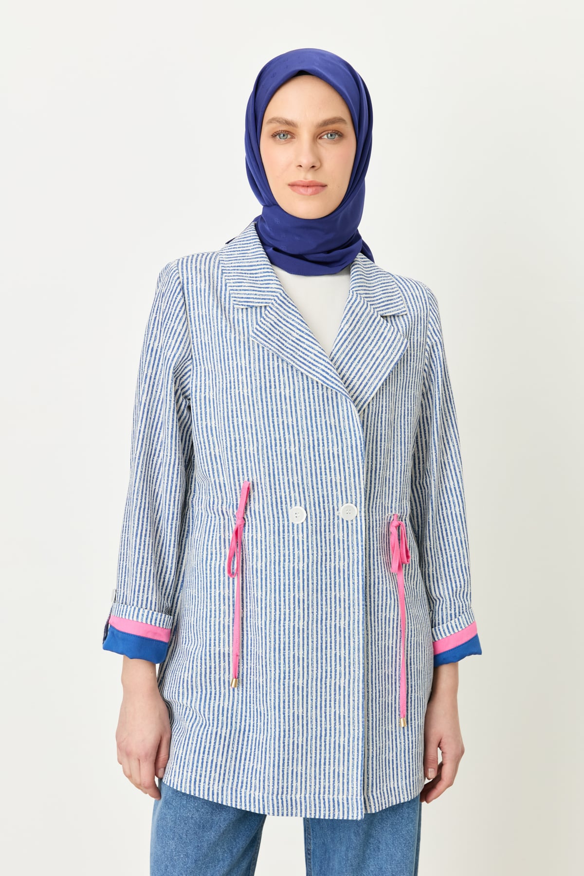 NİHAN Ceket Nihan Kumaş Mixli Kruvaze Ceket  İndigo_modest
