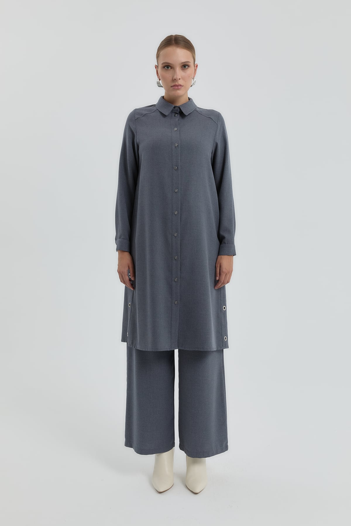 NİHAN Tunik Nihan Kuşgözü Detaylı Gömlek Yaka Tunik  Gri_modest