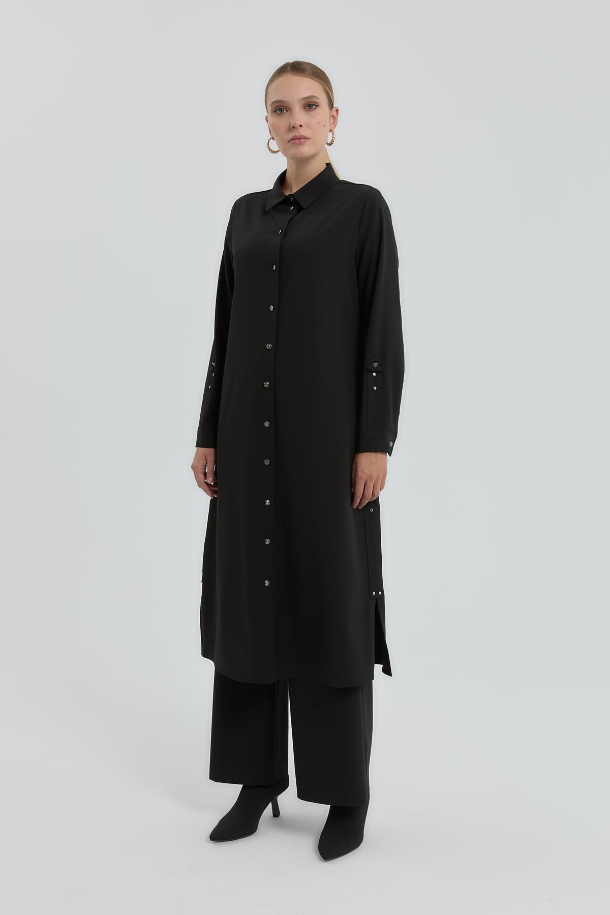 NİHAN Tunik Nihan Kuşgözü Detaylı Gömlek Yaka Tunik  Siyah_modest